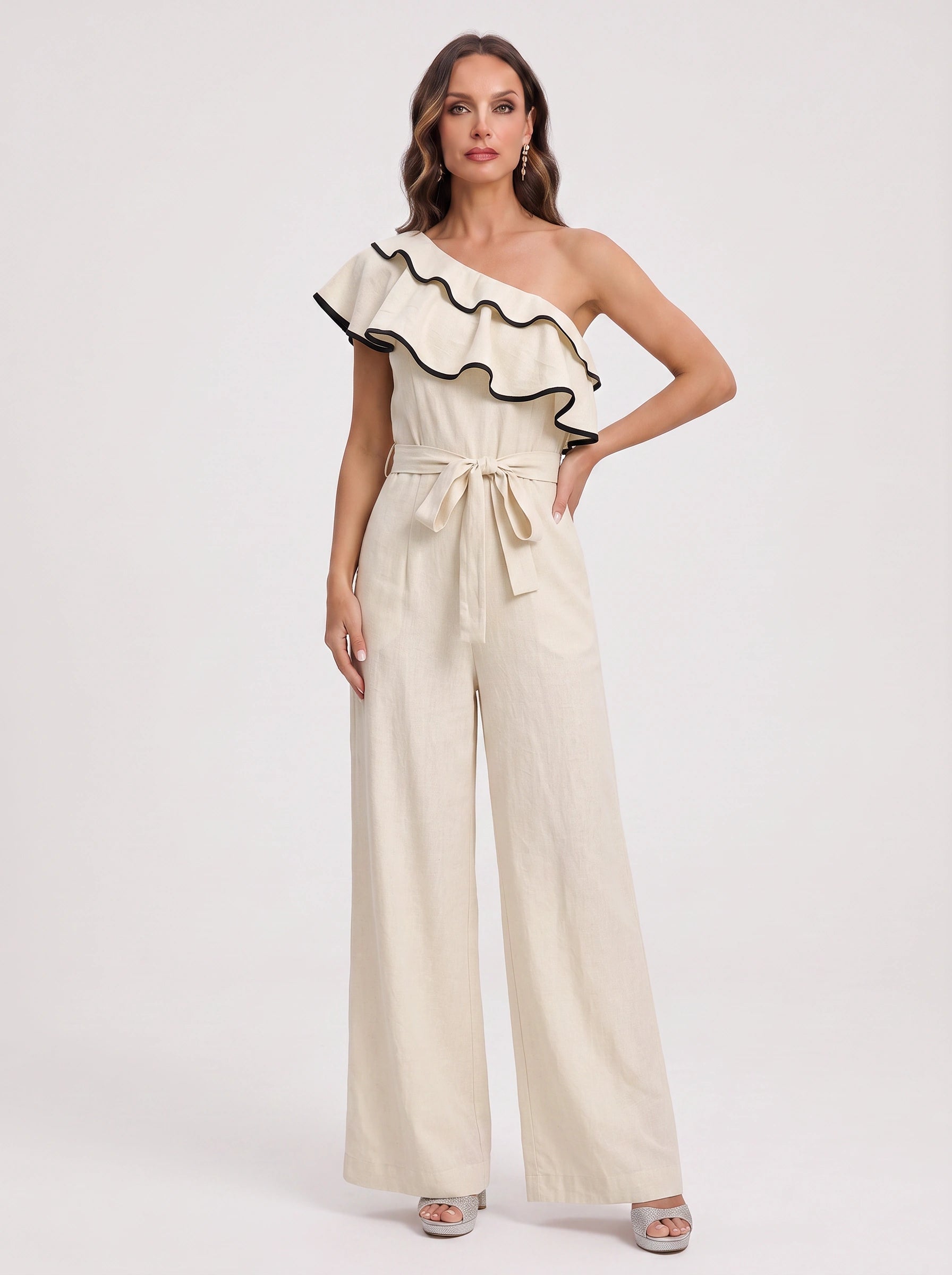 Ondira One-Shoulder Ruffle Jumpsuit – Wide-Leg Belted Jumpsuit Women Summer Wedding Guest Formal Romper