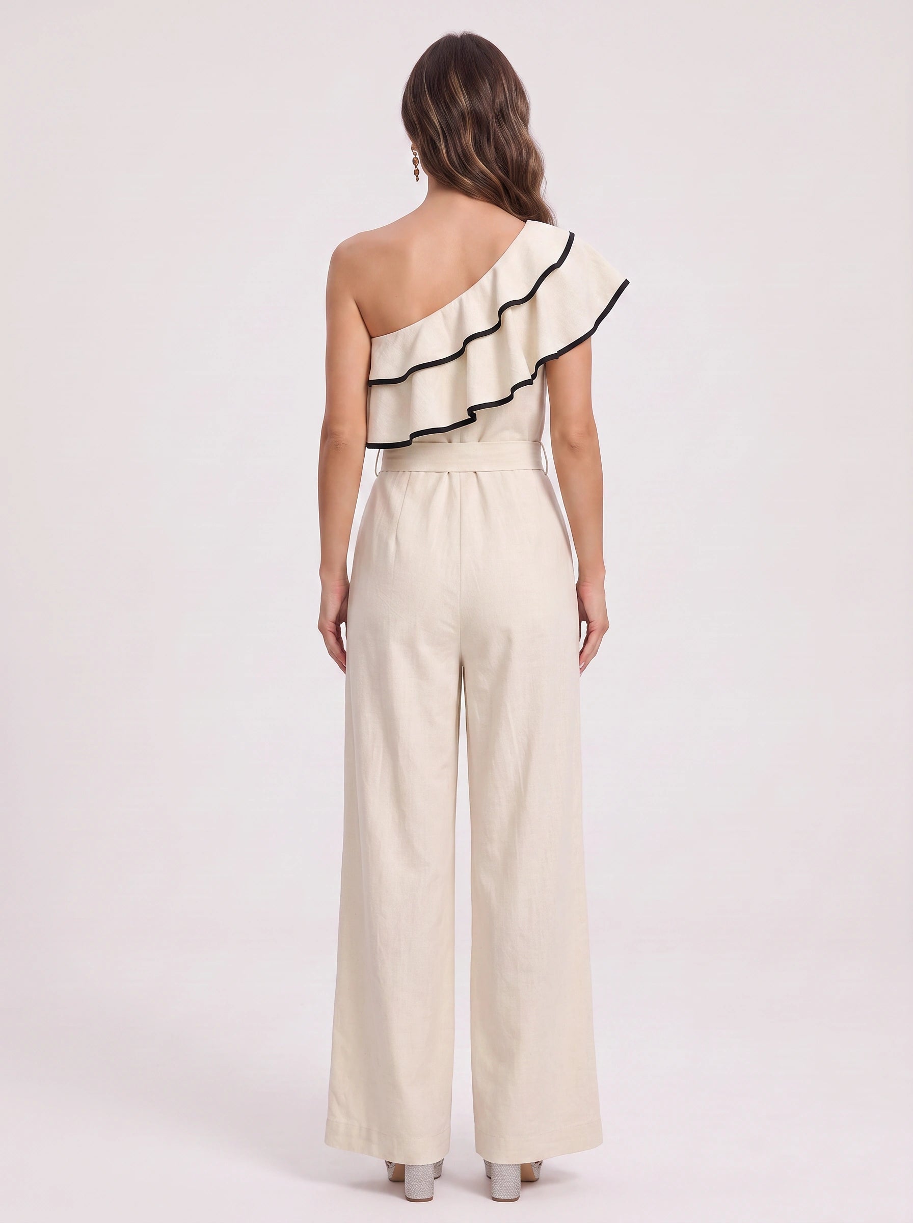 Ondira One-Shoulder Ruffle Jumpsuit – Wide-Leg Belted Jumpsuit Women Summer Wedding Guest Formal Romper