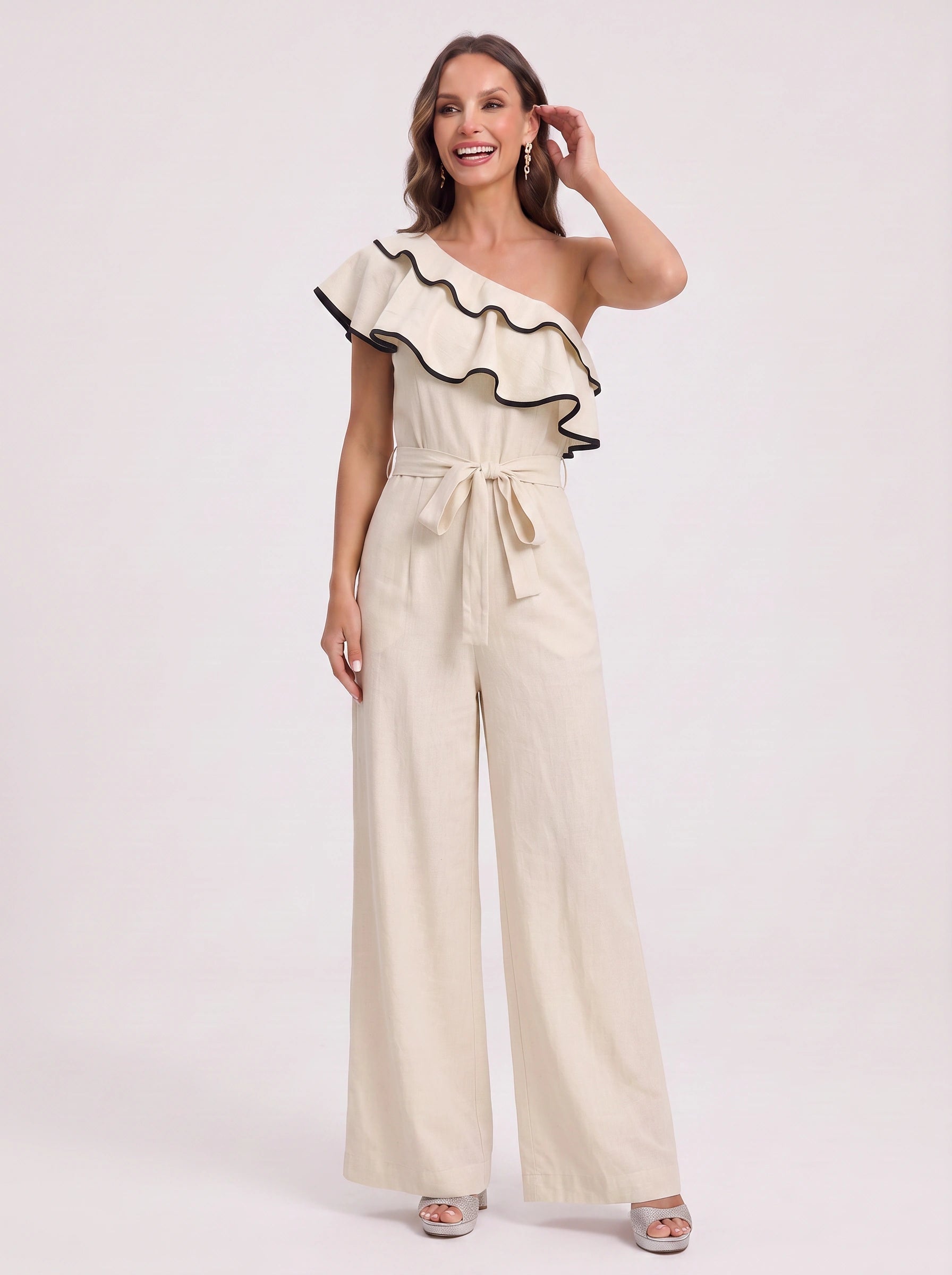 Ondira One-Shoulder Ruffle Jumpsuit – Wide-Leg Belted Jumpsuit Women Summer Wedding Guest Formal Romper