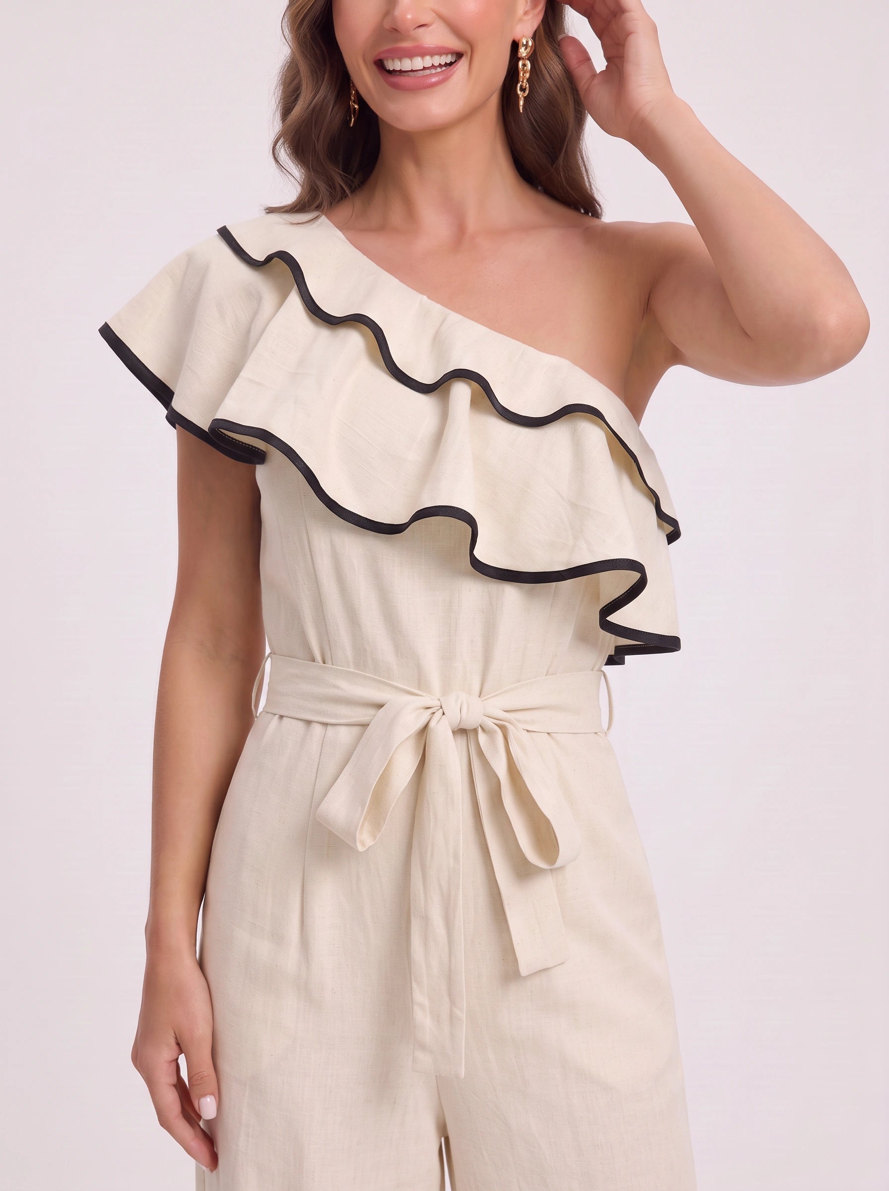 Ondira One-Shoulder Ruffle Jumpsuit – Wide-Leg Belted Jumpsuit Women Summer Wedding Guest Formal Romper