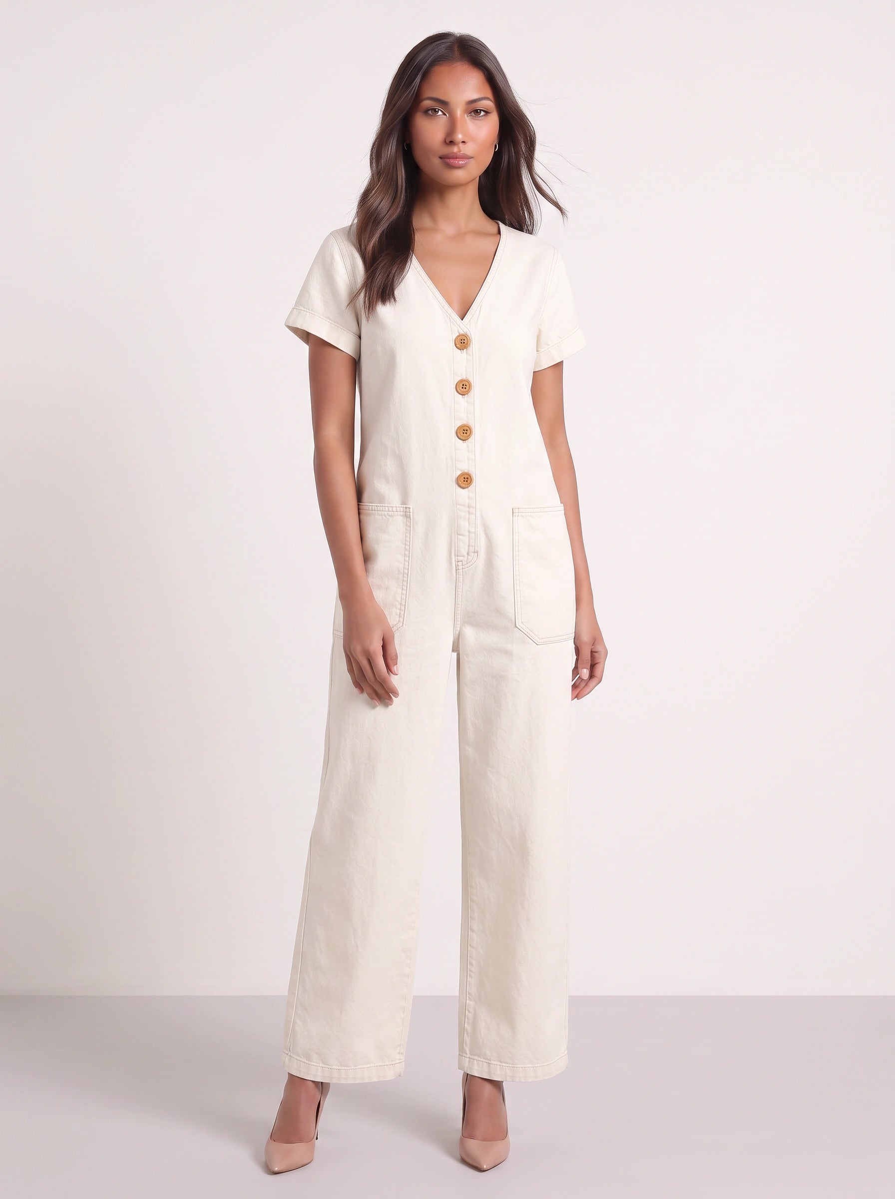 Lintaro Button-Front Wide-Leg Jumpsuit – Linen Blend Relaxed Fit V-Neck Pocket Jumpsuit Women Summer Casual