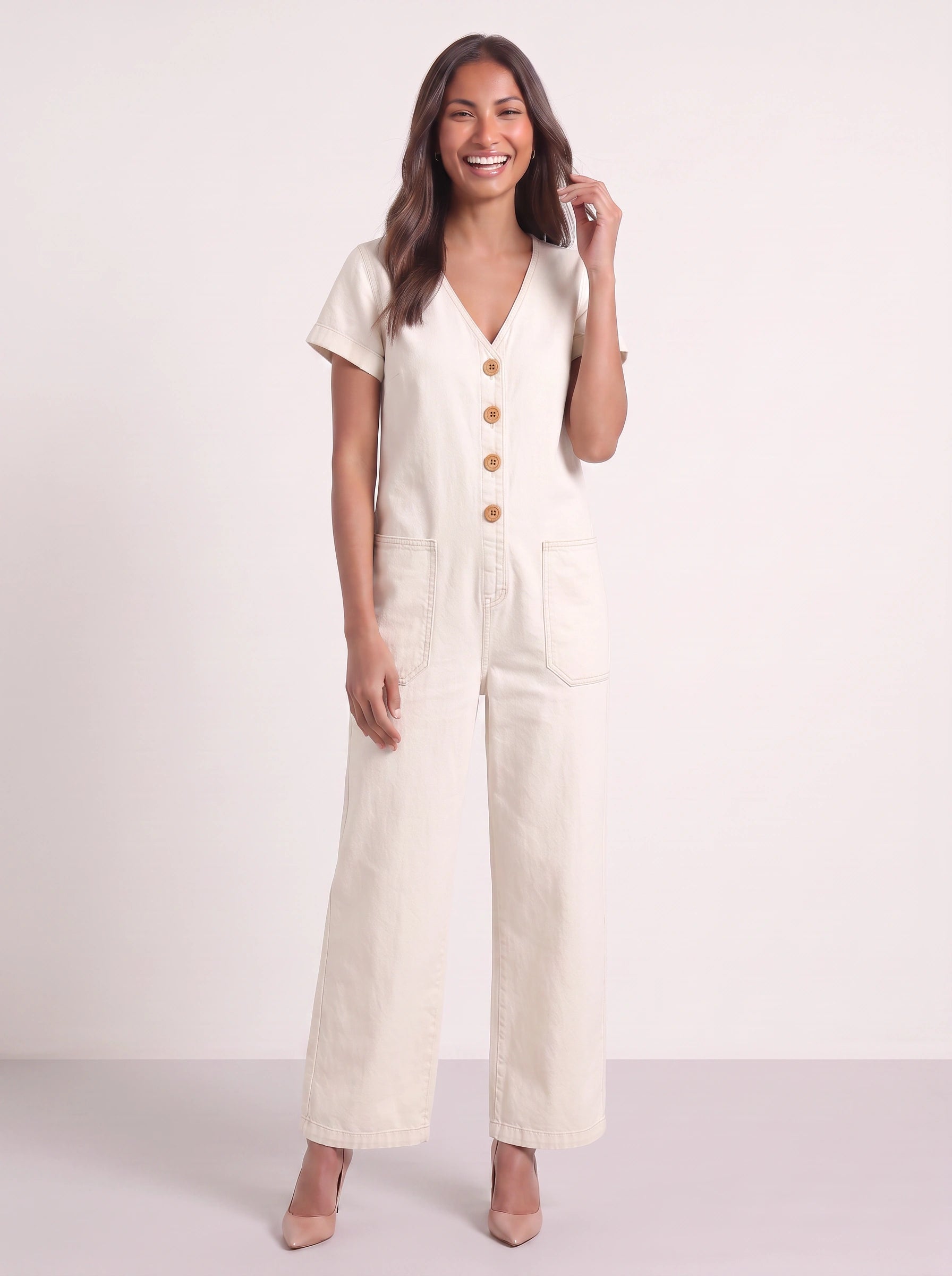 Lintaro Button-Front Wide-Leg Jumpsuit – Linen Blend Relaxed Fit V-Neck Pocket Jumpsuit Women Summer Casual