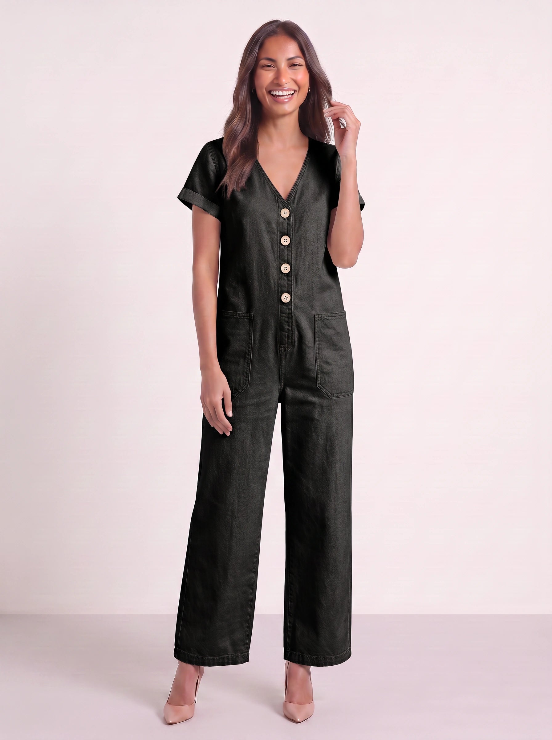 Lintaro Button-Front Wide-Leg Jumpsuit – Linen Blend Relaxed Fit V-Neck Pocket Jumpsuit Women Summer Casual