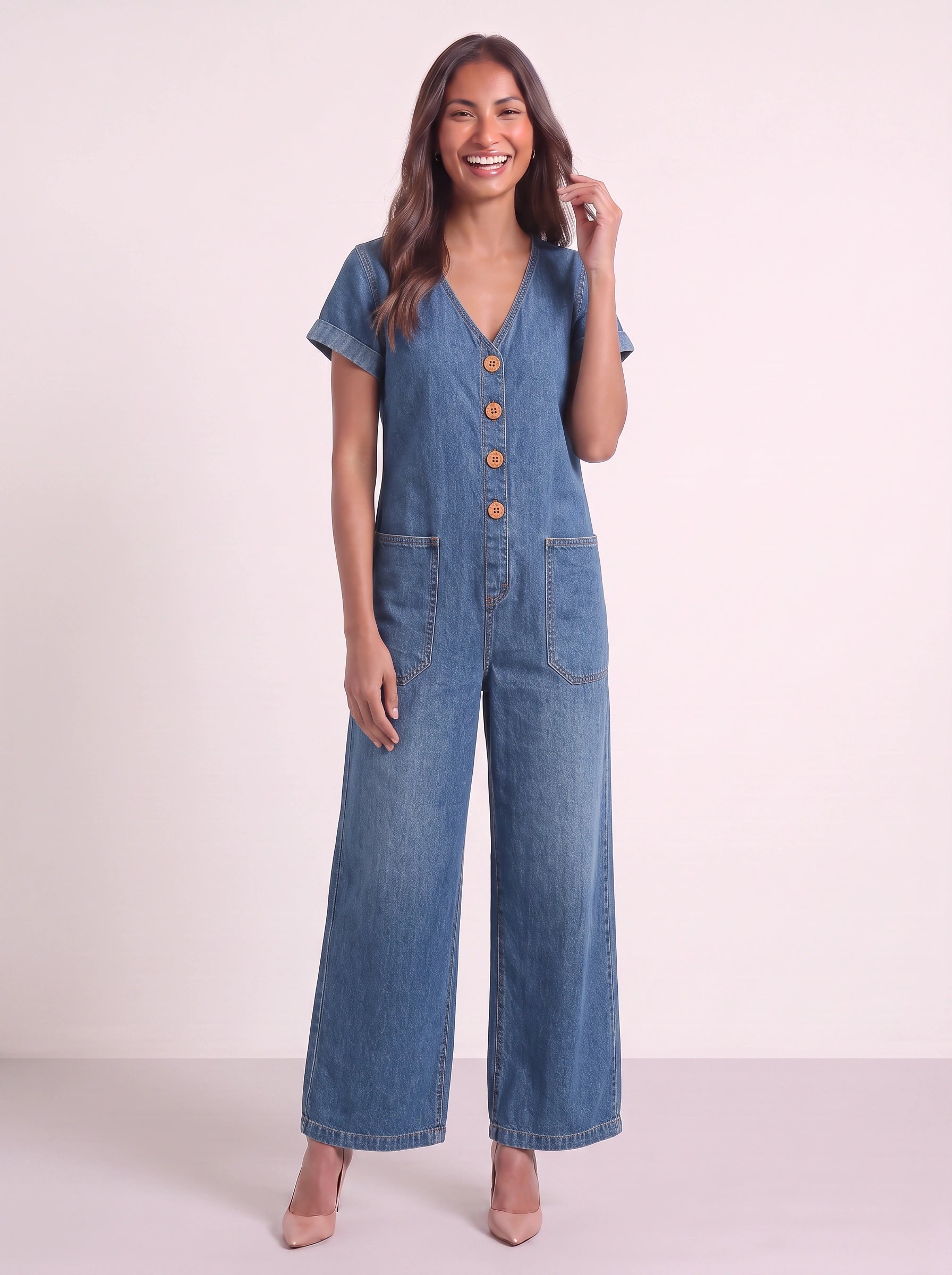 Lintaro Button-Front Wide-Leg Jumpsuit – Linen Blend Relaxed Fit V-Neck Pocket Jumpsuit Women Summer Casual