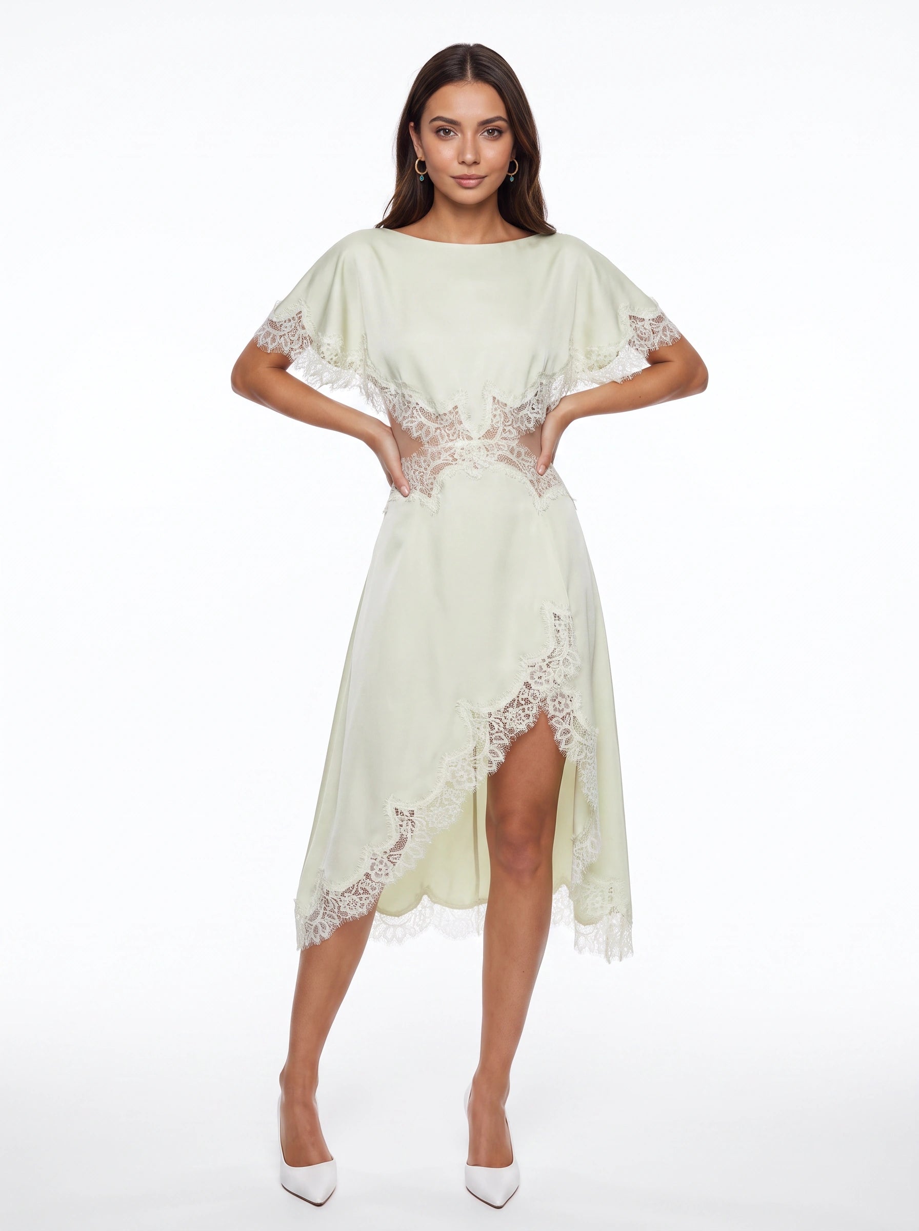 Marfril Lace Trim Midi Dress – Satin Asymmetric Cocktail Wedding Guest Women Formal Evening Midi Dress