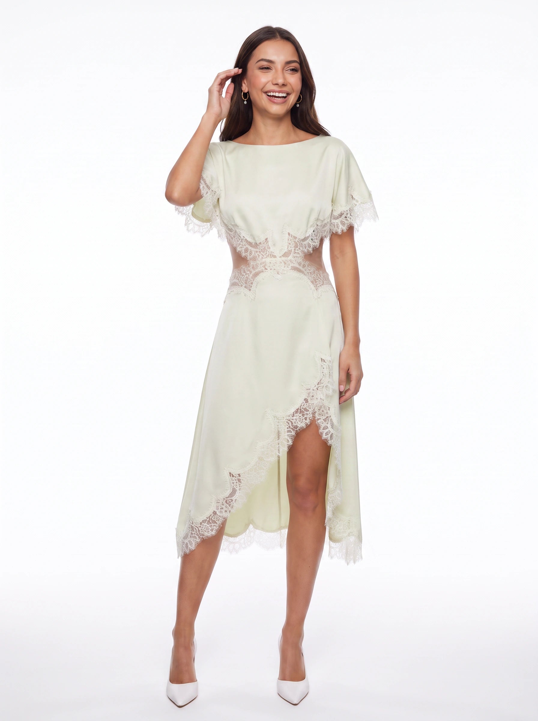 Marfril Lace Trim Midi Dress – Satin Asymmetric Cocktail Wedding Guest Women Formal Evening Midi Dress