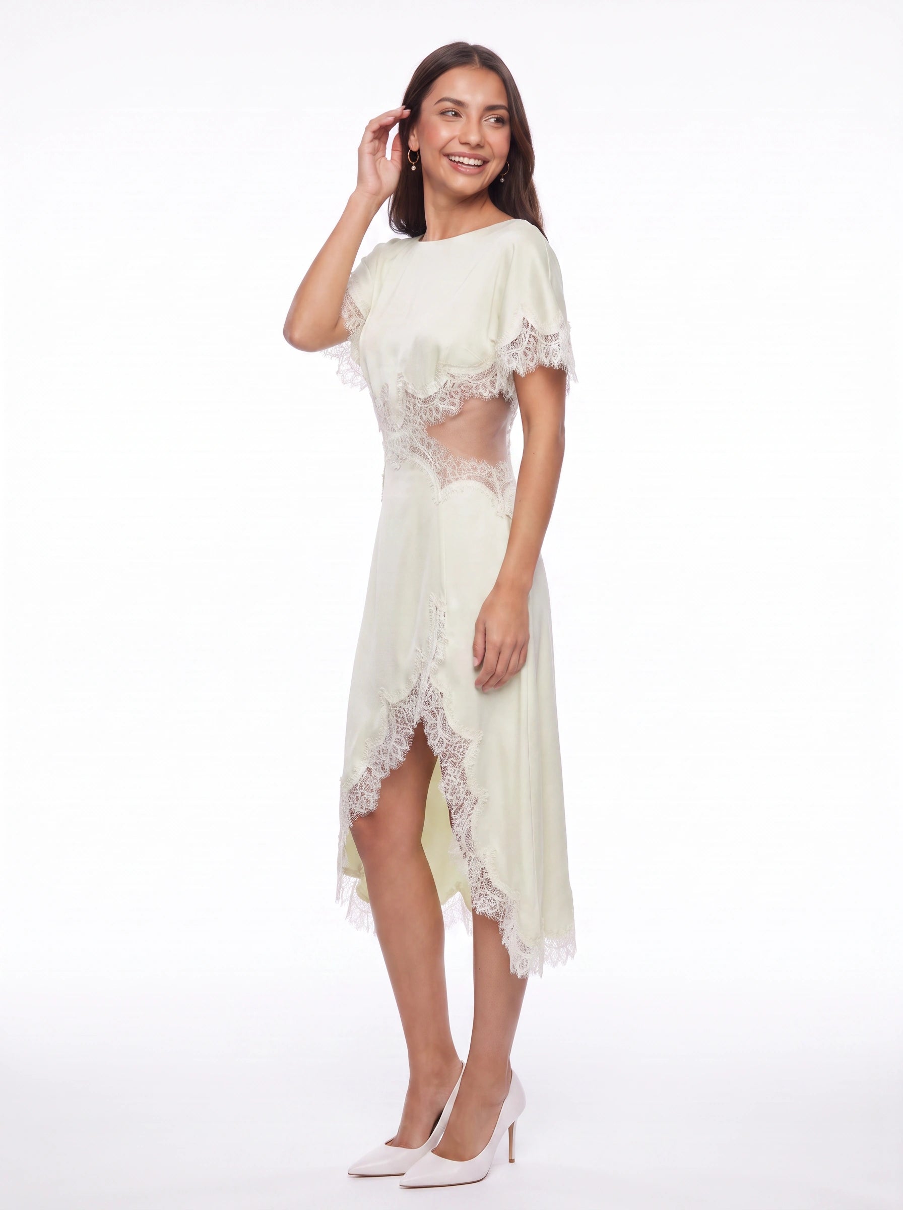 Marfril Lace Trim Midi Dress – Satin Asymmetric Cocktail Wedding Guest Women Formal Evening Midi Dress