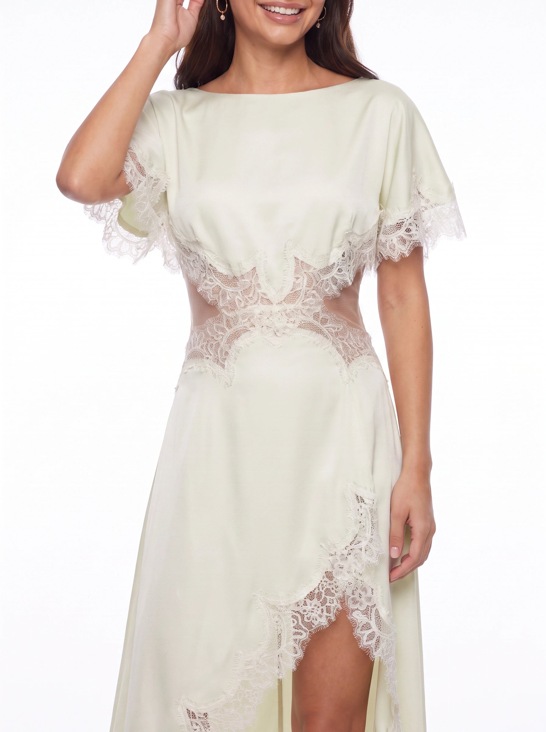 Marfril Lace Trim Midi Dress – Satin Asymmetric Cocktail Wedding Guest Women Formal Evening Midi Dress