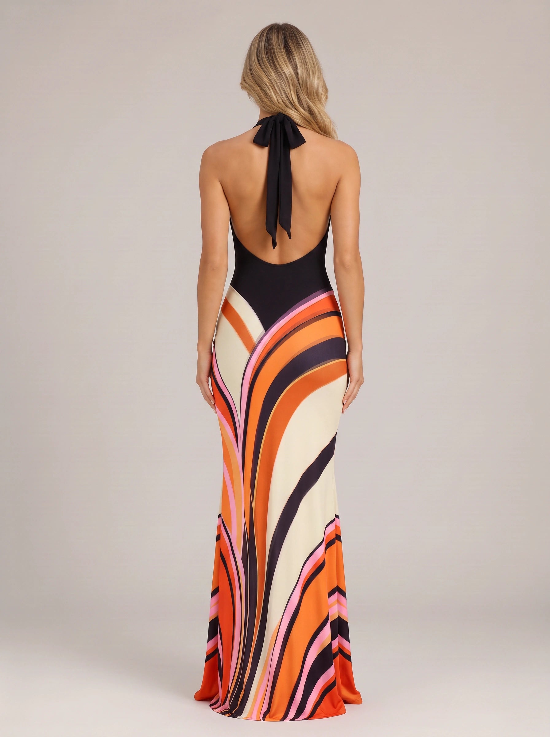 Ondara Halter Neck Striped Maxi Dress – Women Halter Maxi Sundress Retro 70s Beach Vacation Long Dress