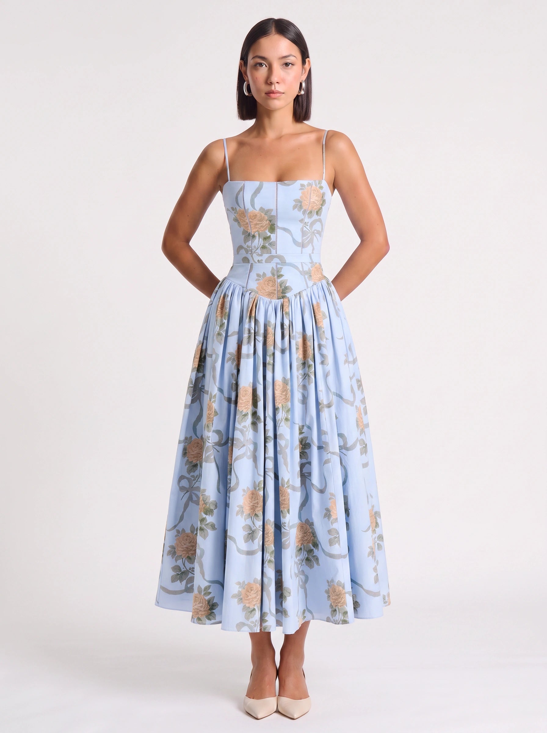 Blythe Corset Bodice Midi Dress – Floral Midi Dress Women Formal Wedding Guest Garden Party Sundress