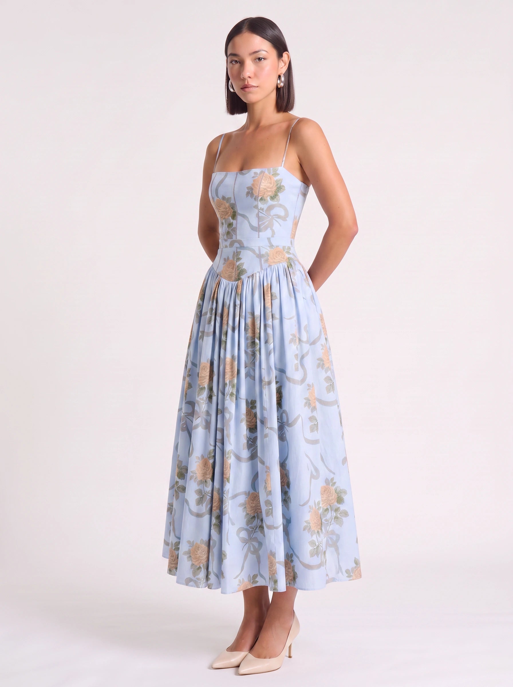 Blythe Corset Bodice Midi Dress – Floral Midi Dress Women Formal Wedding Guest Garden Party Sundress
