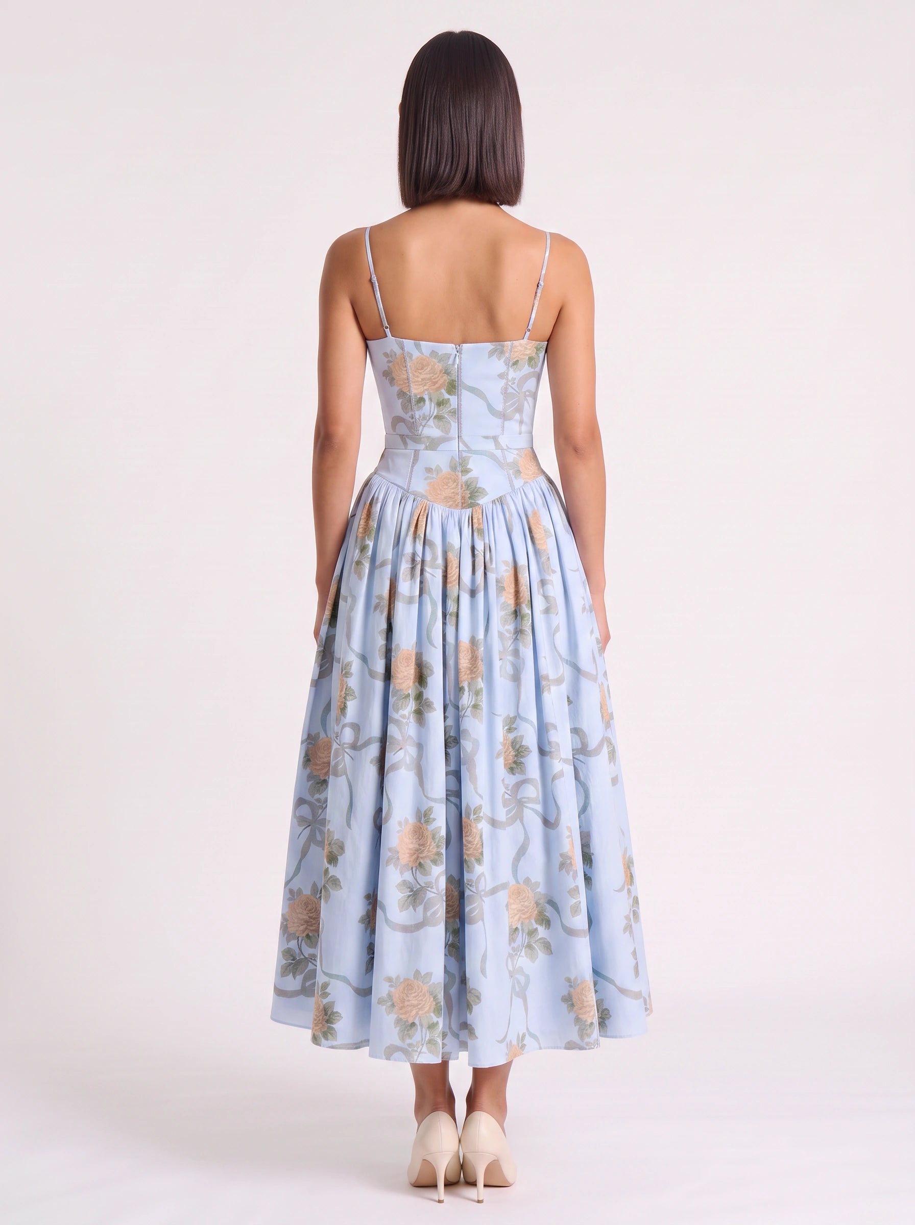 Blythe Corset Bodice Midi Dress – Floral Midi Dress Women Formal Wedding Guest Garden Party Sundress