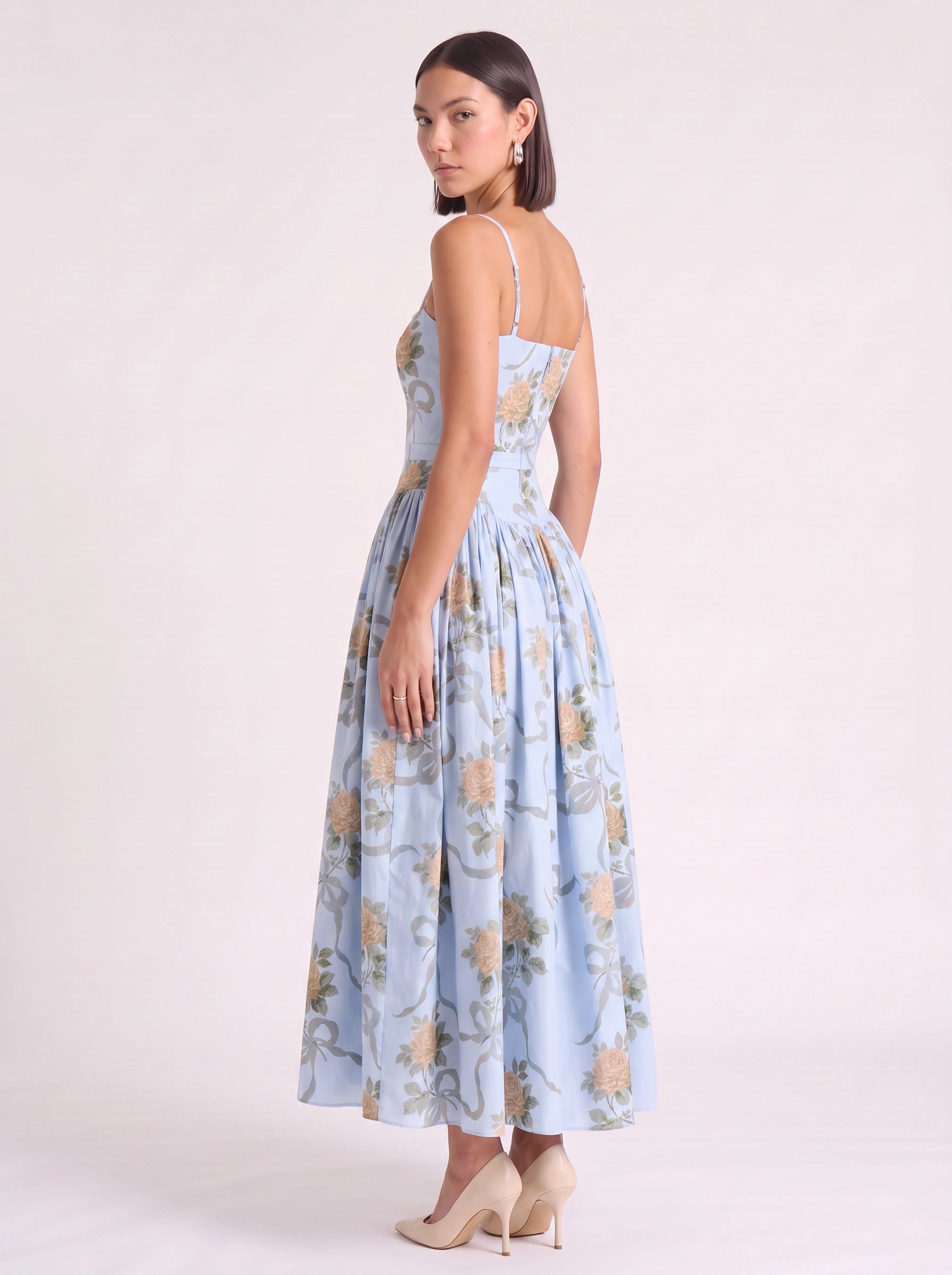 Blythe Corset Bodice Midi Dress – Floral Midi Dress Women Formal Wedding Guest Garden Party Sundress