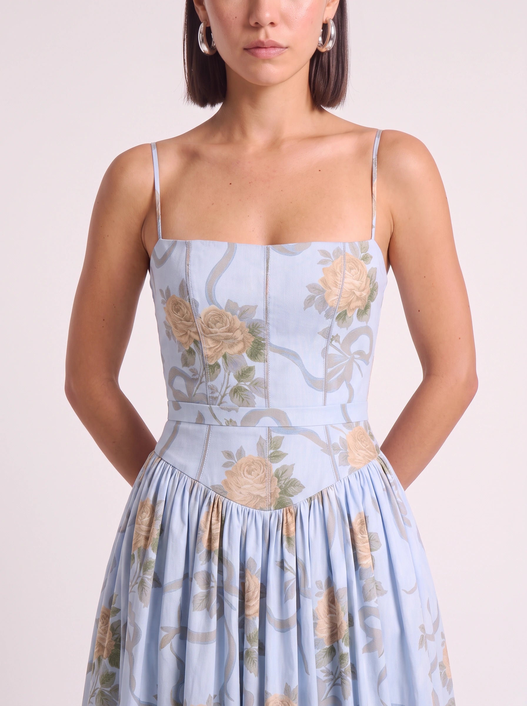 Blythe Corset Bodice Midi Dress – Floral Midi Dress Women Formal Wedding Guest Garden Party Sundress