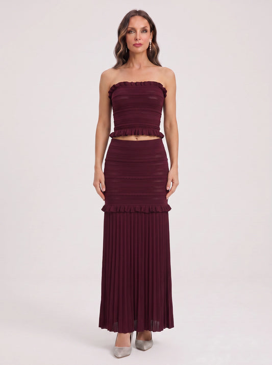 Ruflesca Tiered Bandeau Crop Top Maxi Skirt Set – Women Formal Wedding Guest Cocktail Evening Pleated Maxi Dress