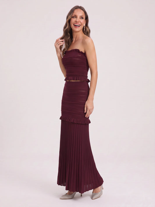 Ruflesca Tiered Bandeau Crop Top Maxi Skirt Set – Women Formal Wedding Guest Cocktail Evening Pleated Maxi Dress