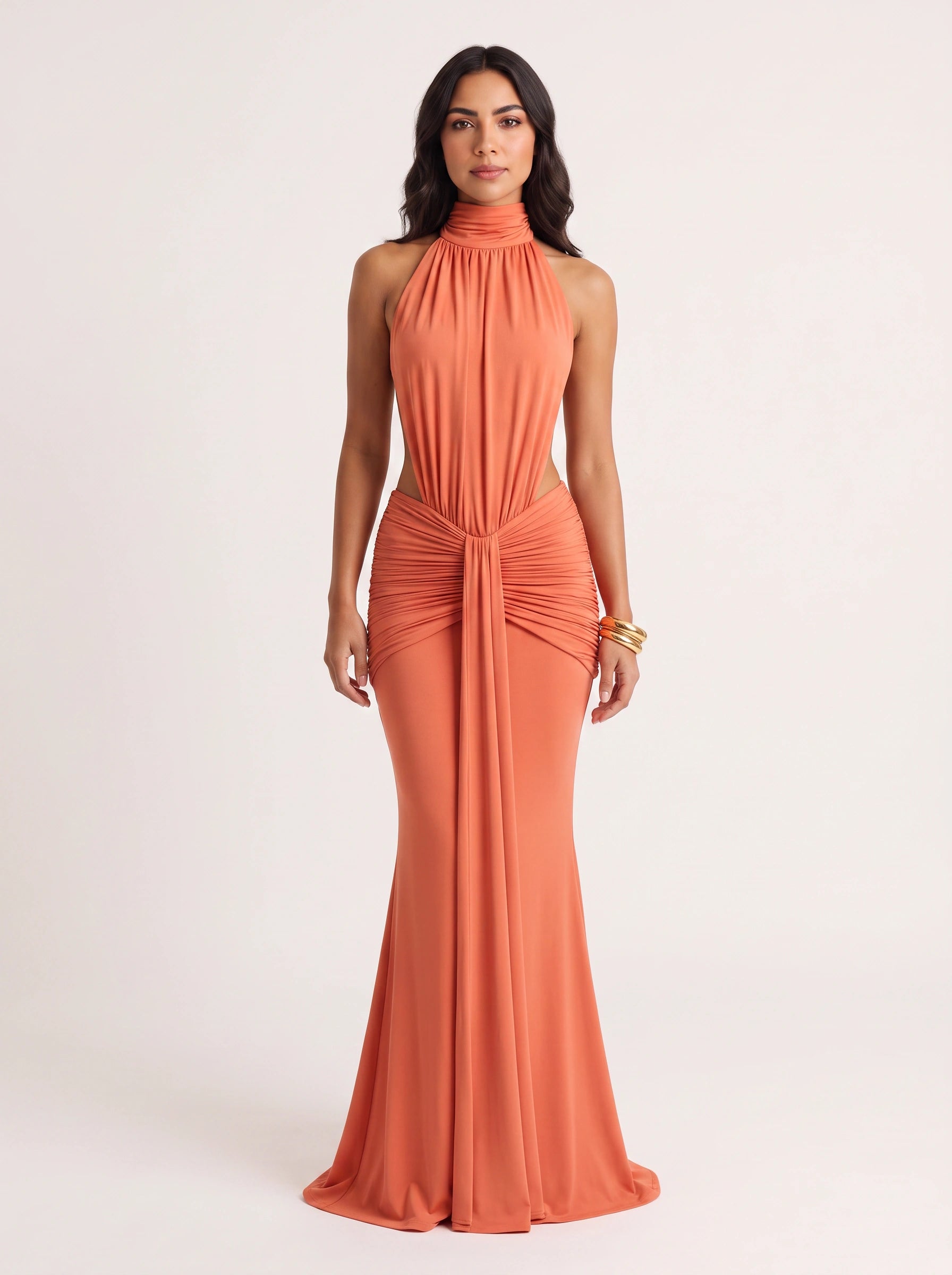 Odessa Halter Ruched Maxi Dress – Women Formal Wedding Guest Evening Cocktail Elegant Maxi Dress