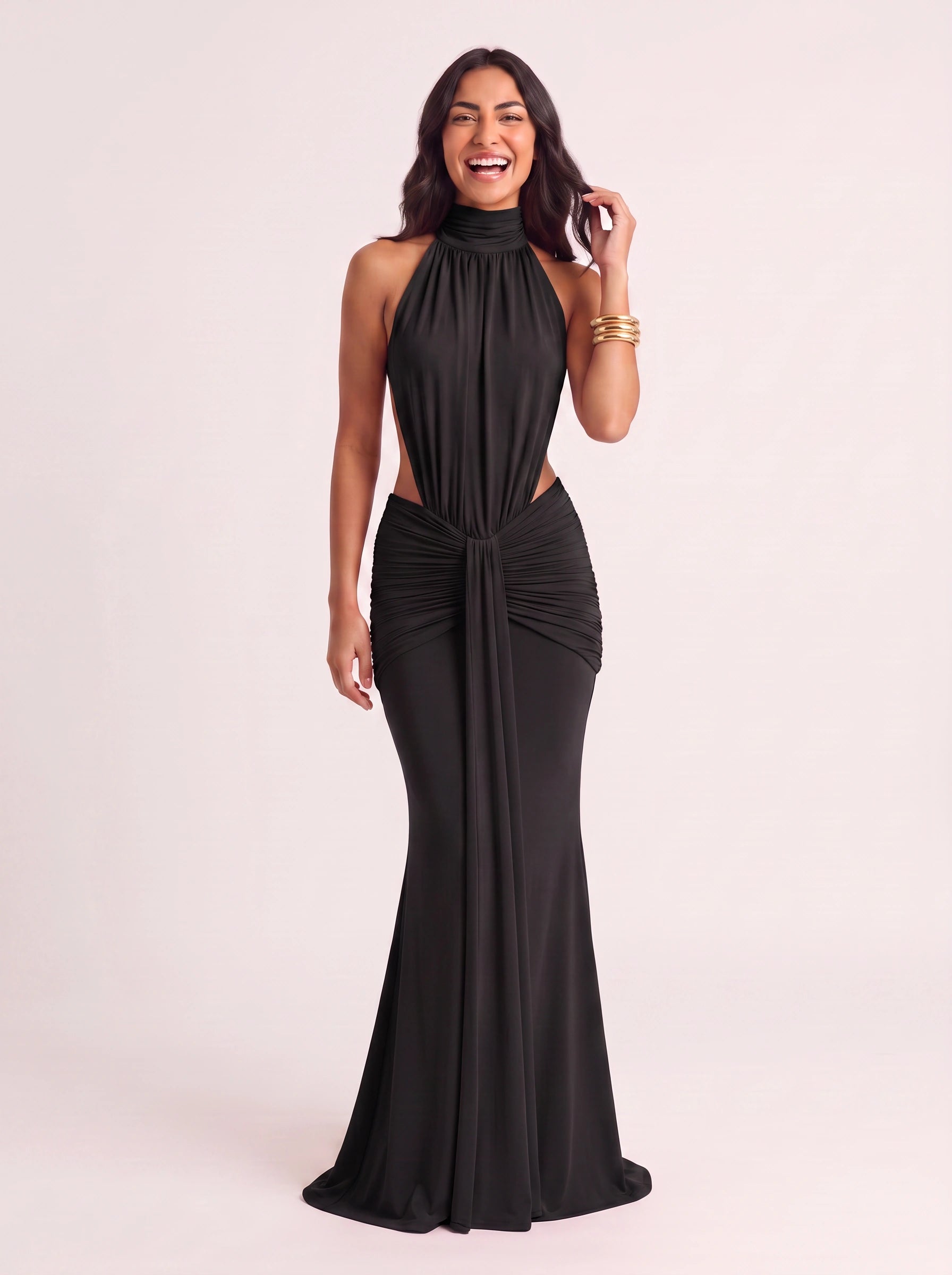 Odessa Halter Ruched Maxi Dress – Women Formal Wedding Guest Evening Cocktail Elegant Maxi Dress