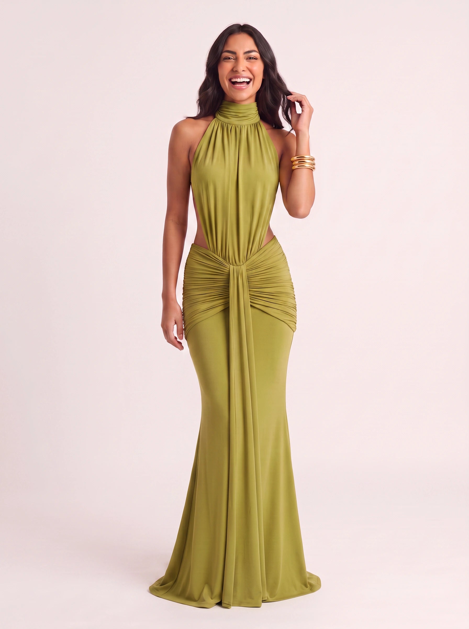 Odessa Halter Ruched Maxi Dress – Women Formal Wedding Guest Evening Cocktail Elegant Maxi Dress