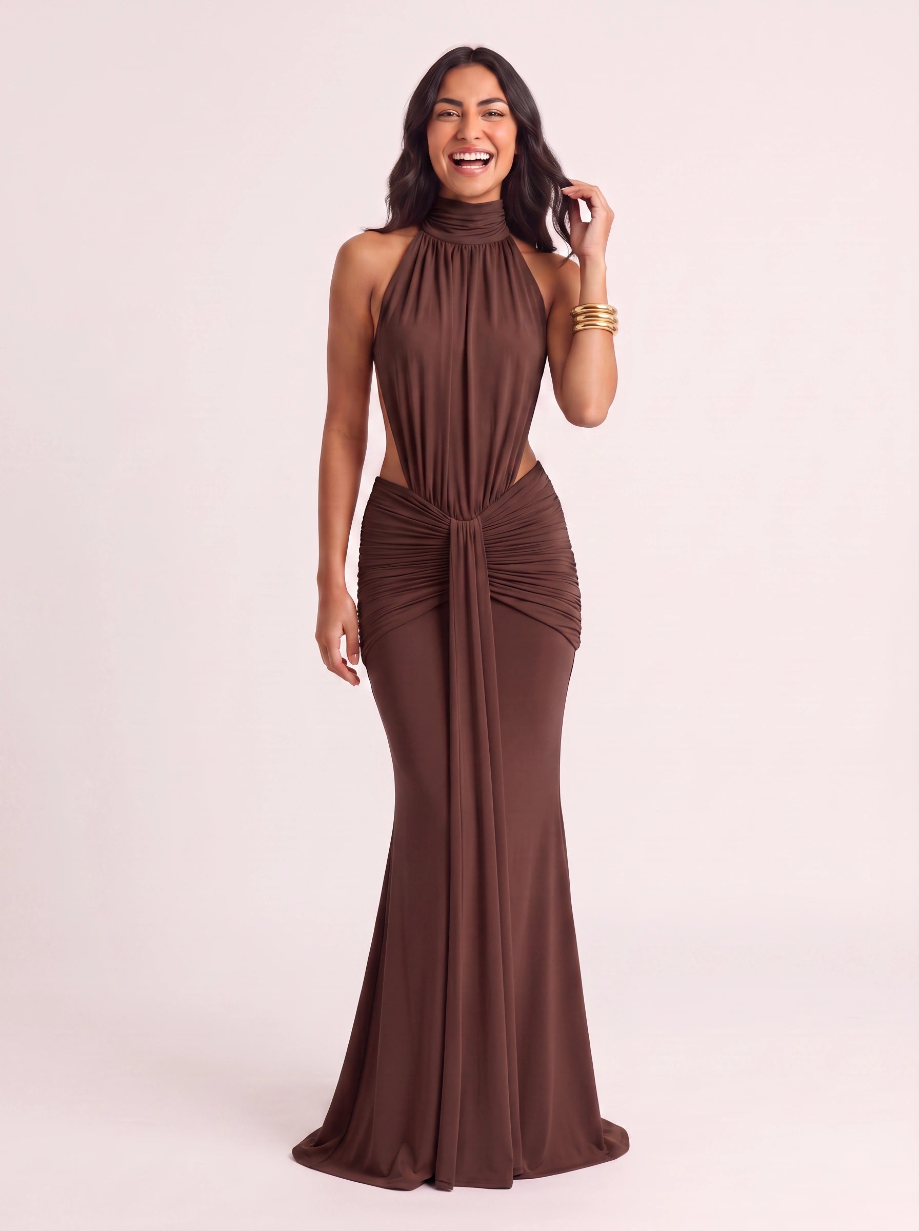 Odessa Halter Ruched Maxi Dress – Women Formal Wedding Guest Evening Cocktail Elegant Maxi Dress