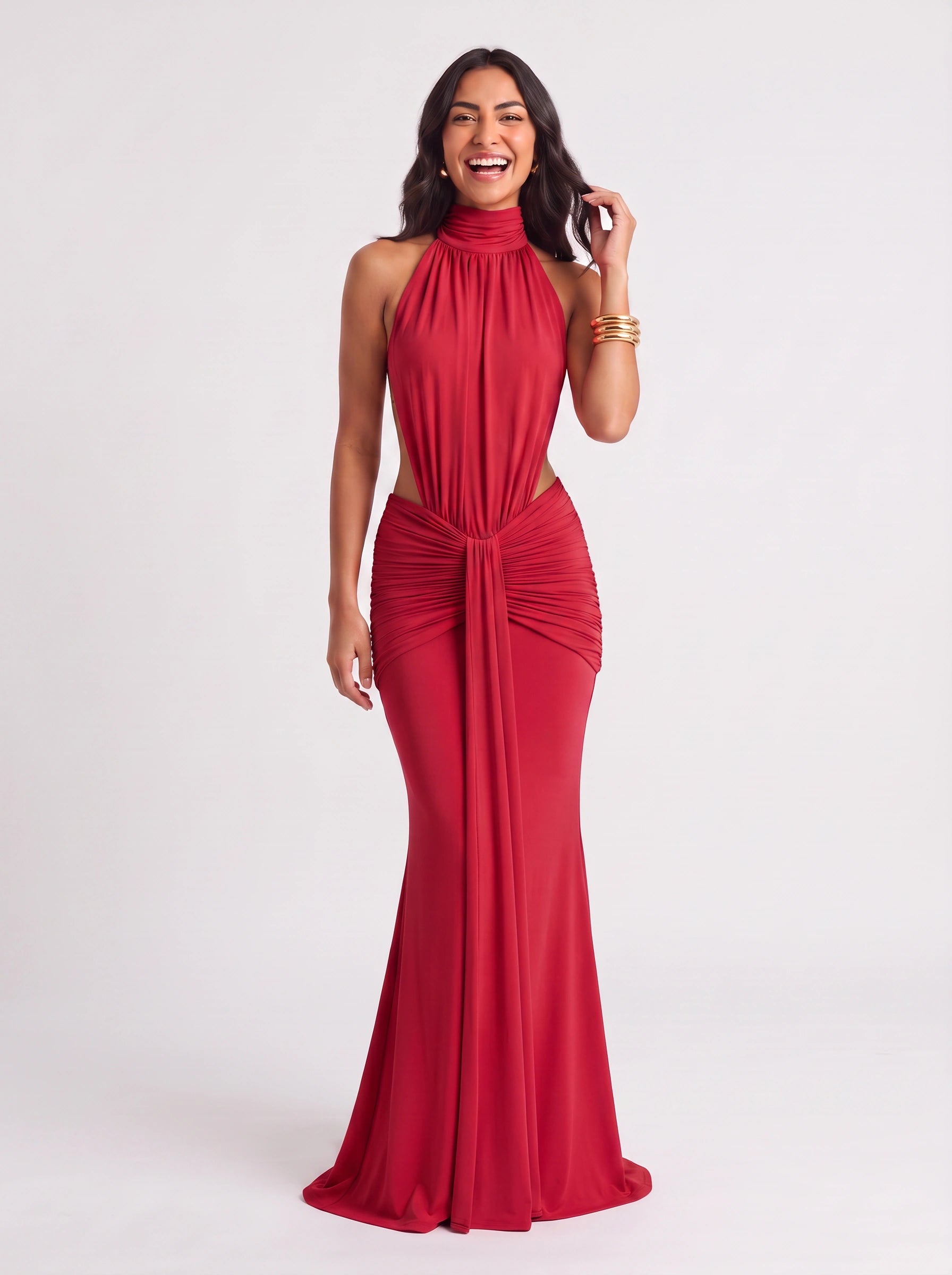 Odessa Halter Ruched Maxi Dress – Women Formal Wedding Guest Evening Cocktail Elegant Maxi Dress