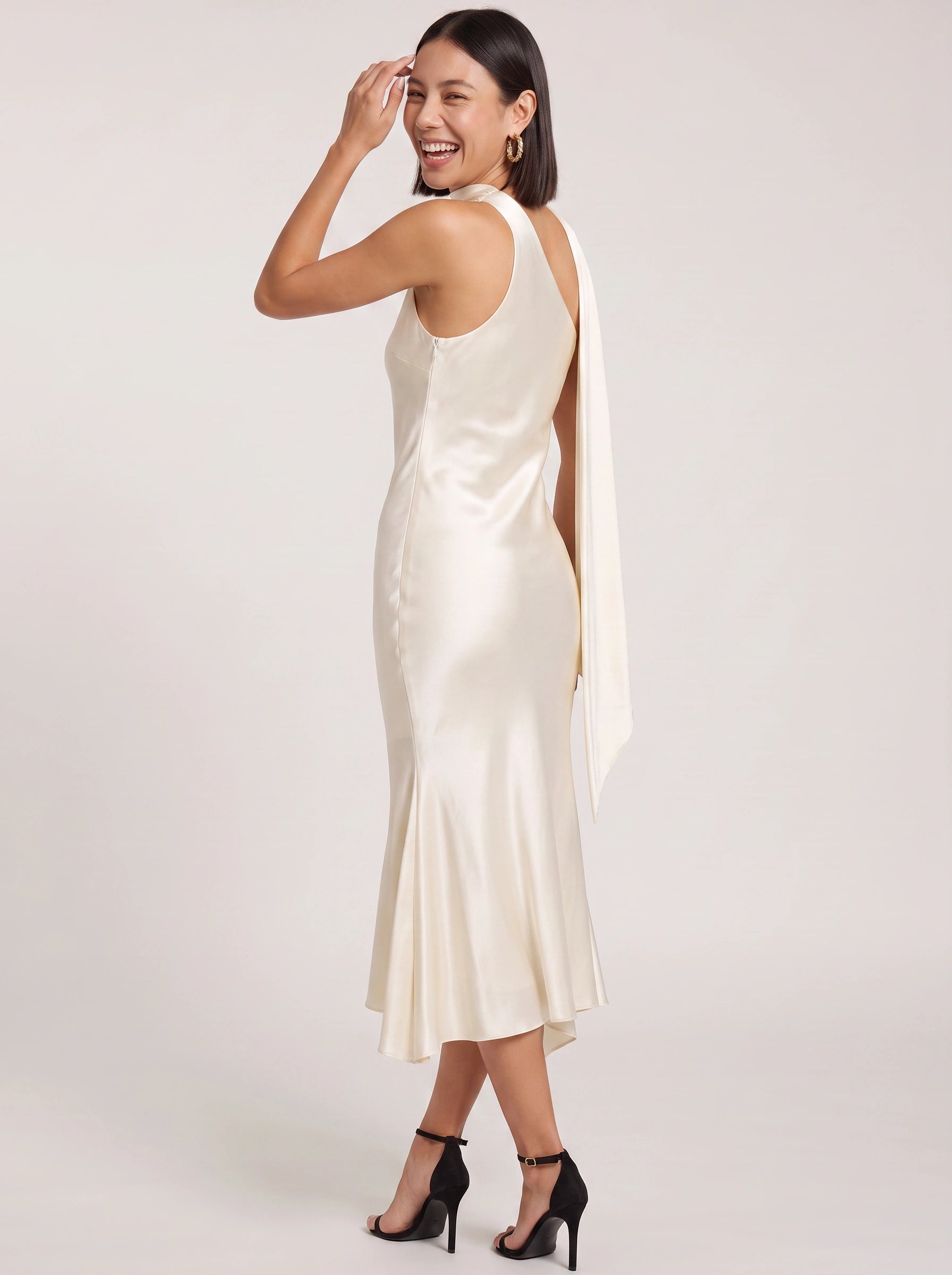 Ascenza One Shoulder Asymmetric Midi Dress – Satin Cocktail Dress Women Formal Wedding Guest Evening Midi Dress