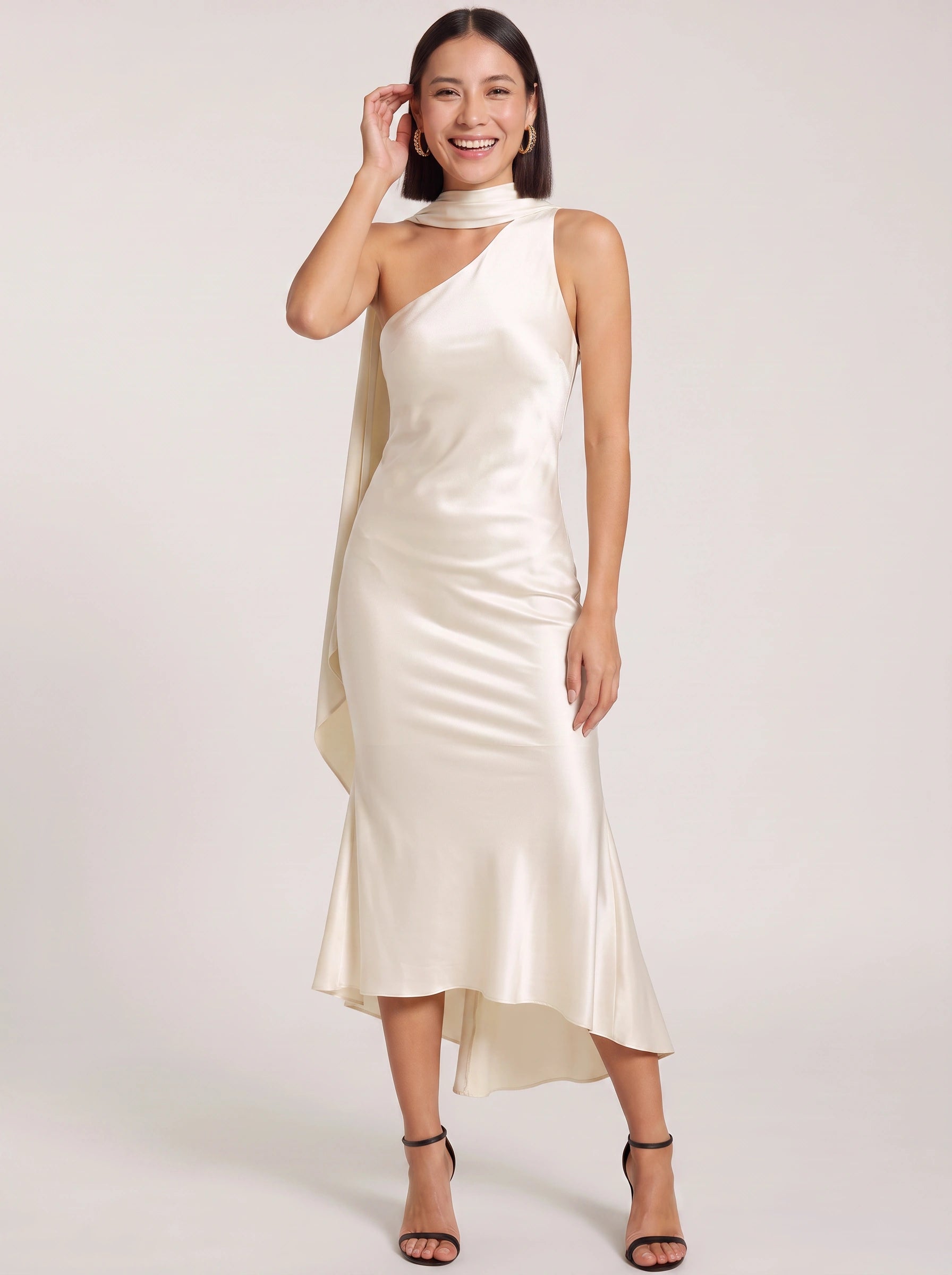 Ascenza One Shoulder Asymmetric Midi Dress – Satin Cocktail Dress Women Formal Wedding Guest Evening Midi Dress