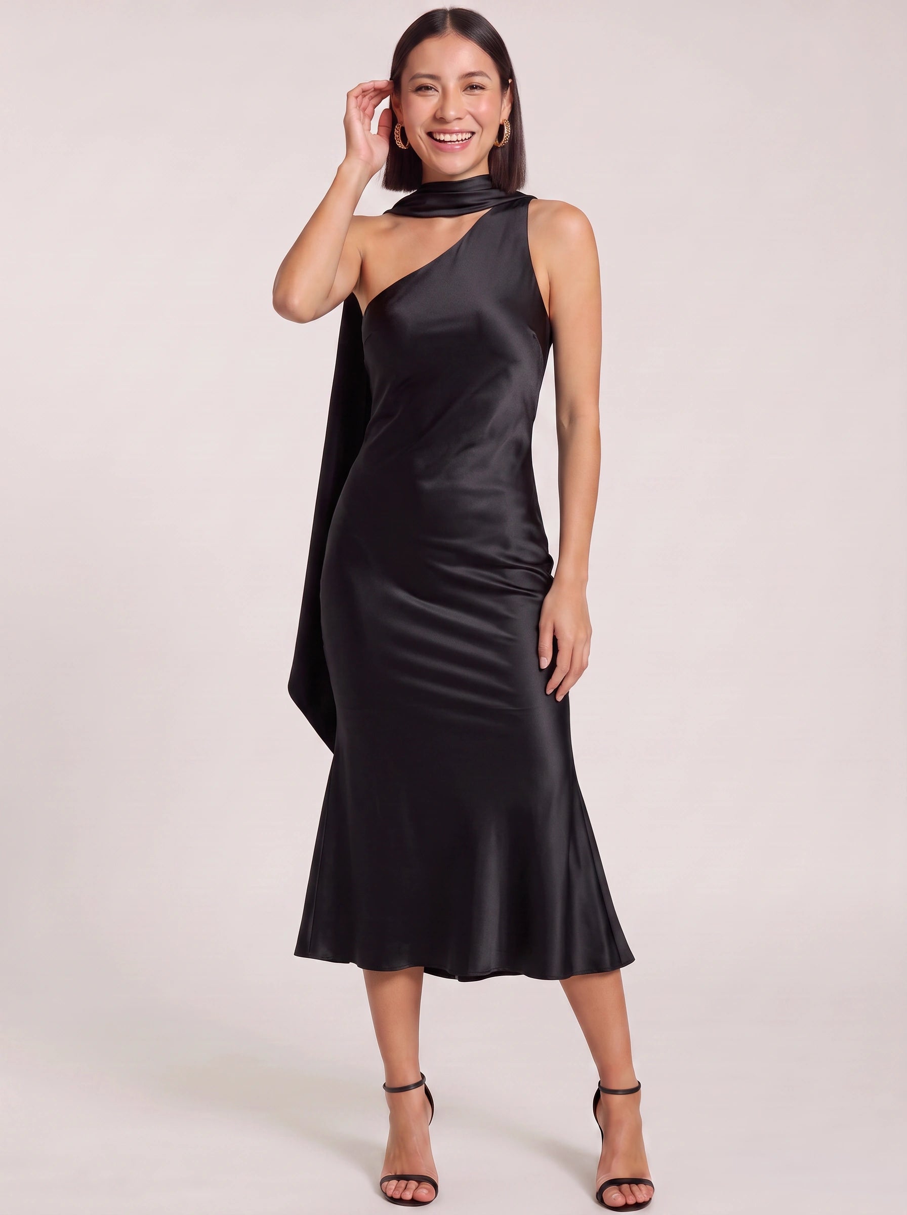 Ascenza One Shoulder Asymmetric Midi Dress – Satin Cocktail Dress Women Formal Wedding Guest Evening Midi Dress