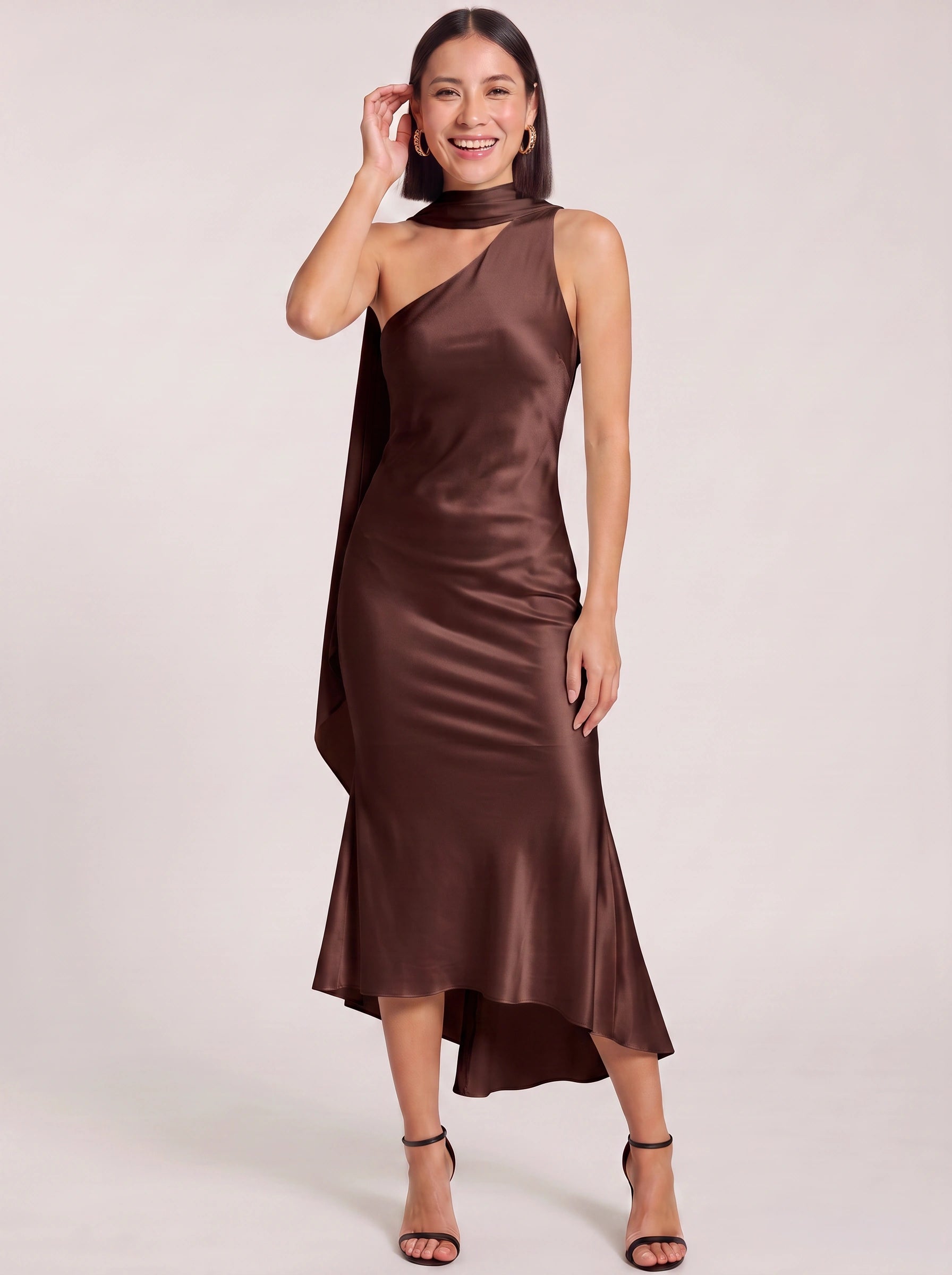 Ascenza One Shoulder Asymmetric Midi Dress – Satin Cocktail Dress Women Formal Wedding Guest Evening Midi Dress