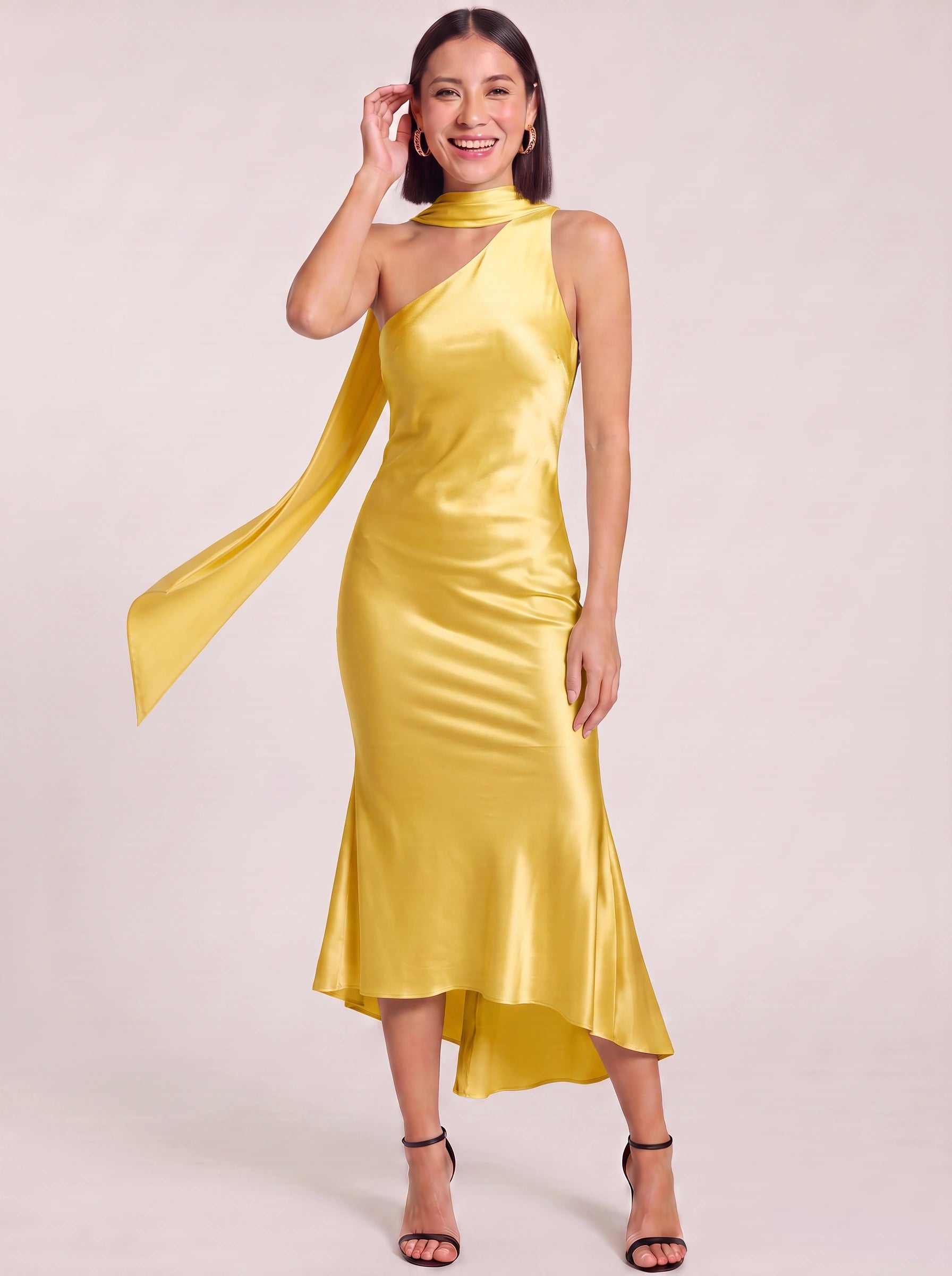 Ascenza One Shoulder Asymmetric Midi Dress – Satin Cocktail Dress Women Formal Wedding Guest Evening Midi Dress
