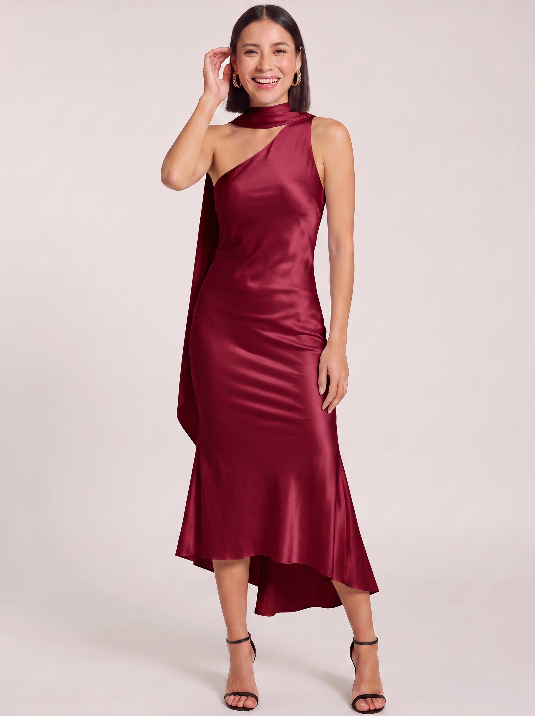 Ascenza One Shoulder Asymmetric Midi Dress – Satin Cocktail Dress Women Formal Wedding Guest Evening Midi Dress