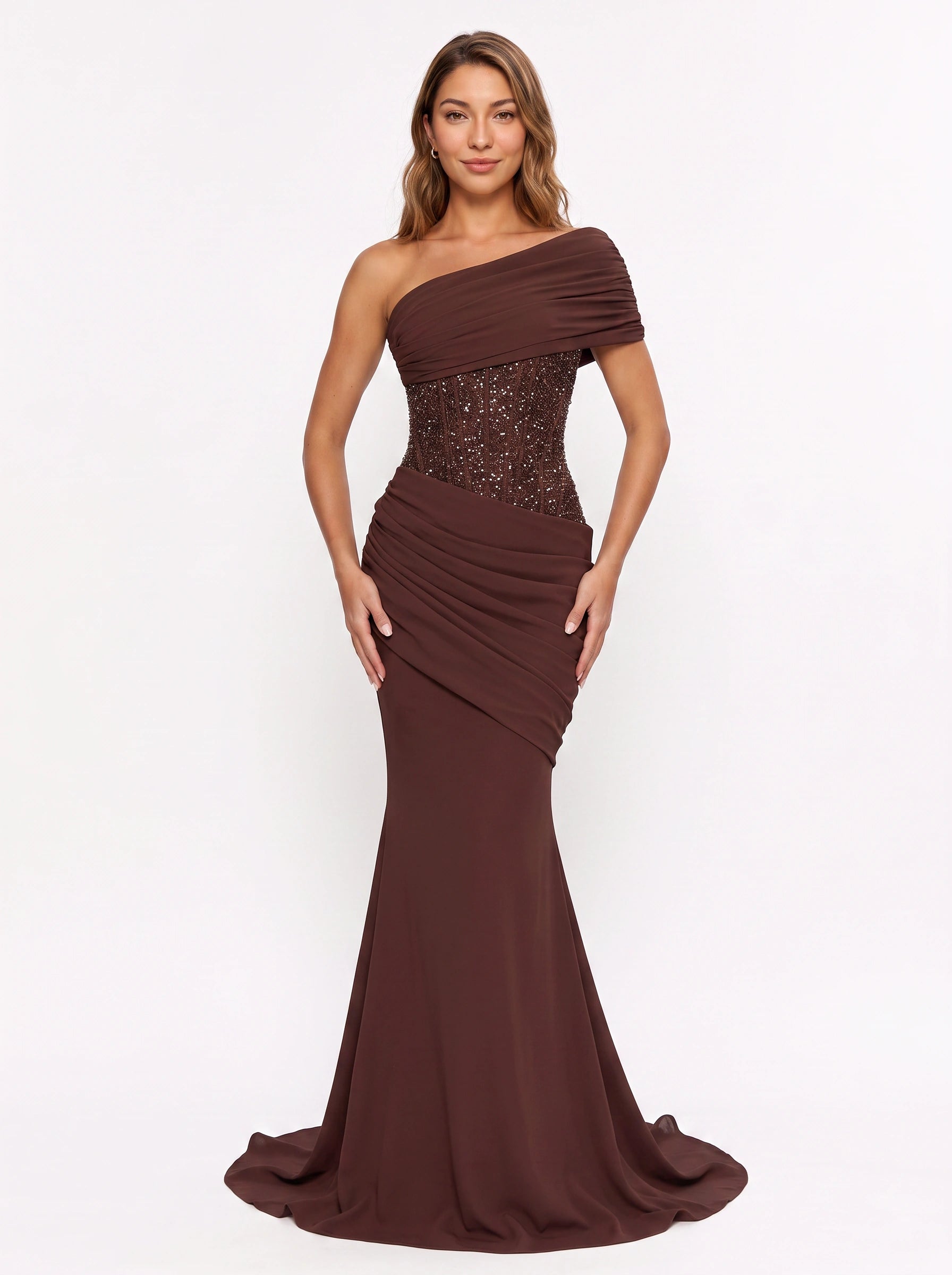 Ruched One-Shoulder Sequin Maxi Dress – Women Formal Evening Wedding Guest Mermaid Fitted Maxi Dress