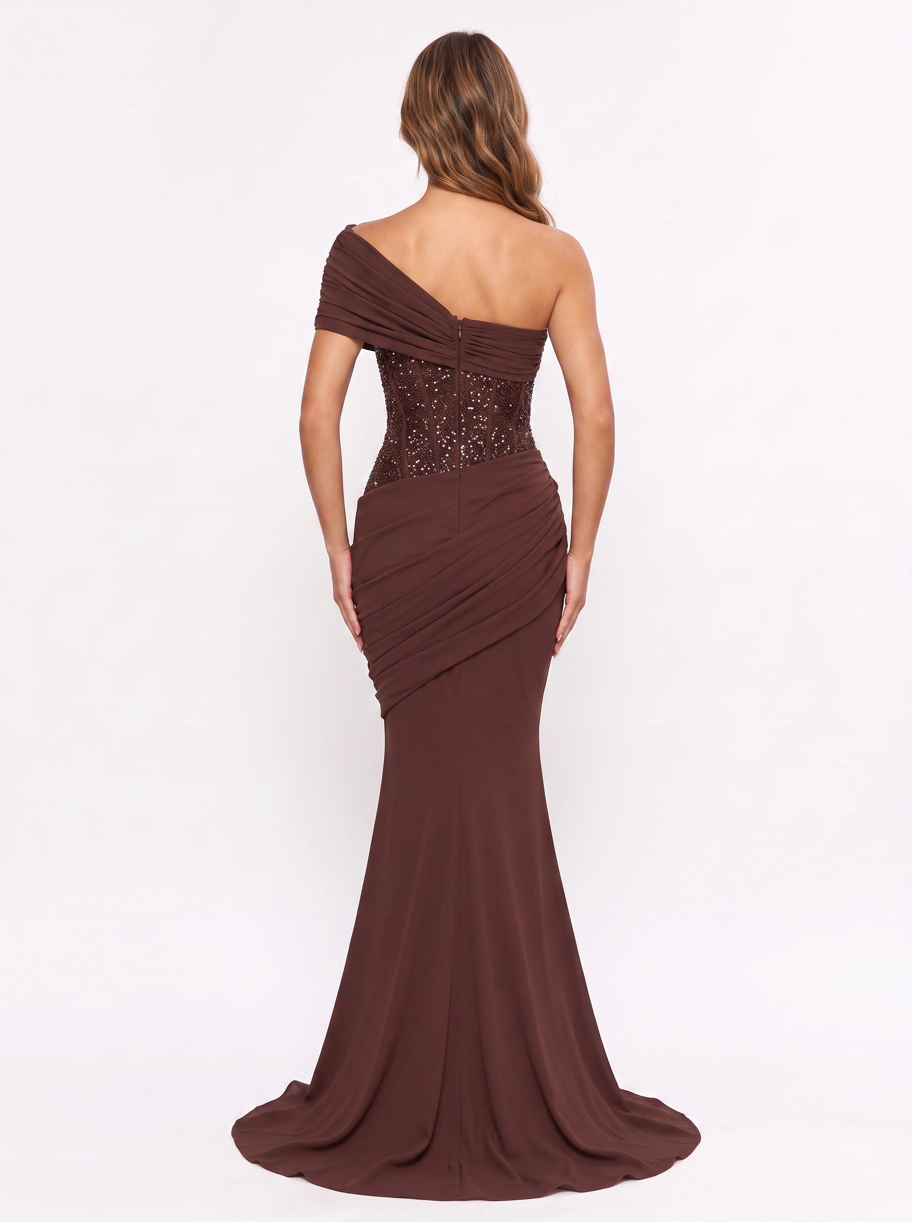 Ruched One-Shoulder Sequin Maxi Dress – Women Formal Evening Wedding Guest Mermaid Fitted Maxi Dress