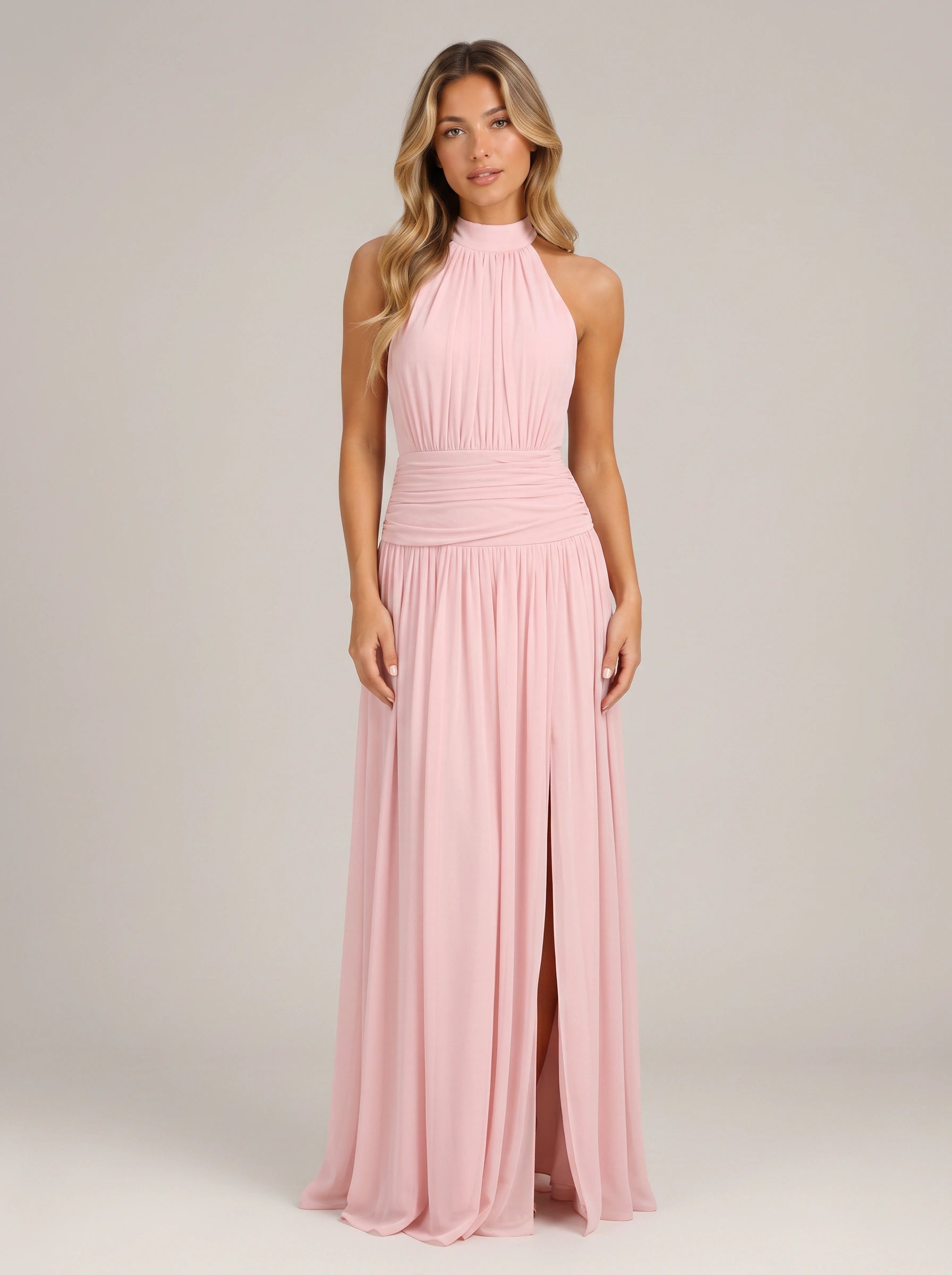 Ruched Halter Maxi Dress – Formal Wedding Guest Women Evening Elegant Long Slit Semi Formal Dress
