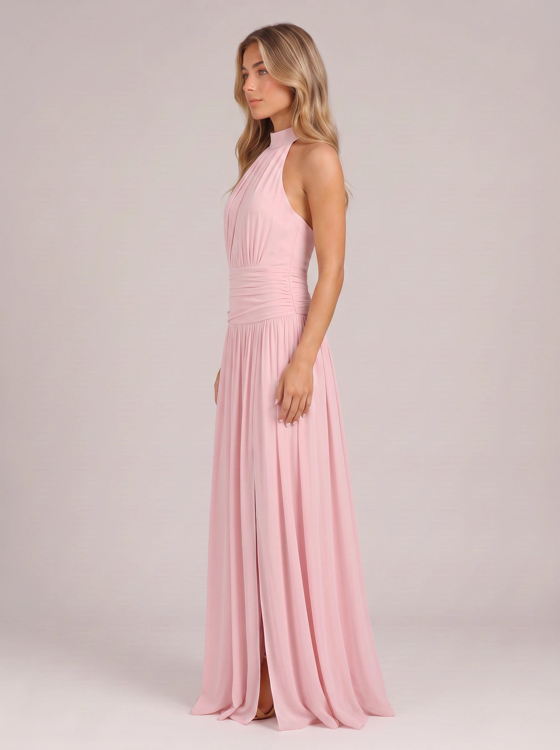 Ruched Halter Maxi Dress – Formal Wedding Guest Women Evening Elegant Long Slit Semi Formal Dress