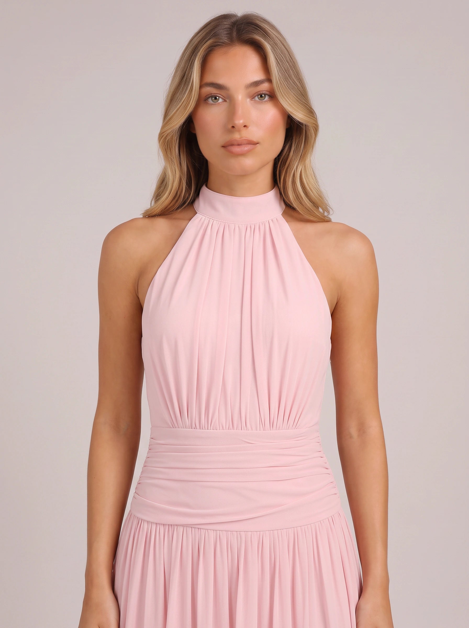 Ruched Halter Maxi Dress – Formal Wedding Guest Women Evening Elegant Long Slit Semi Formal Dress