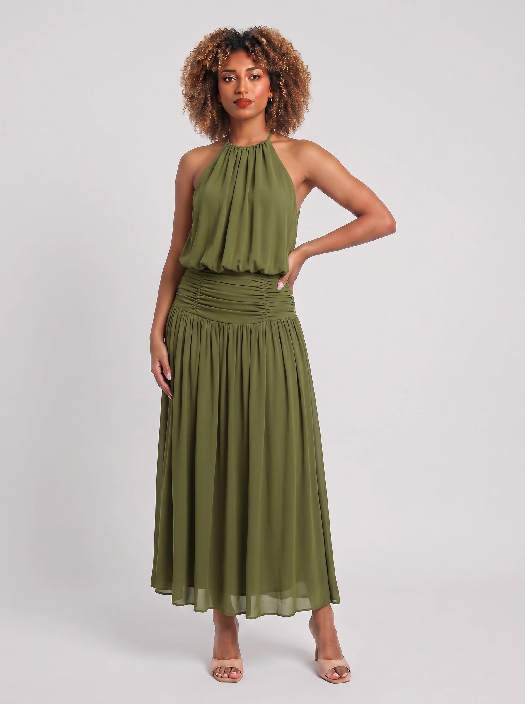 Drappeia Ruched Halter Maxi Dress – Women Summer Flowy Wedding Guest Bridesmaid Formal Evening Maxi Dress