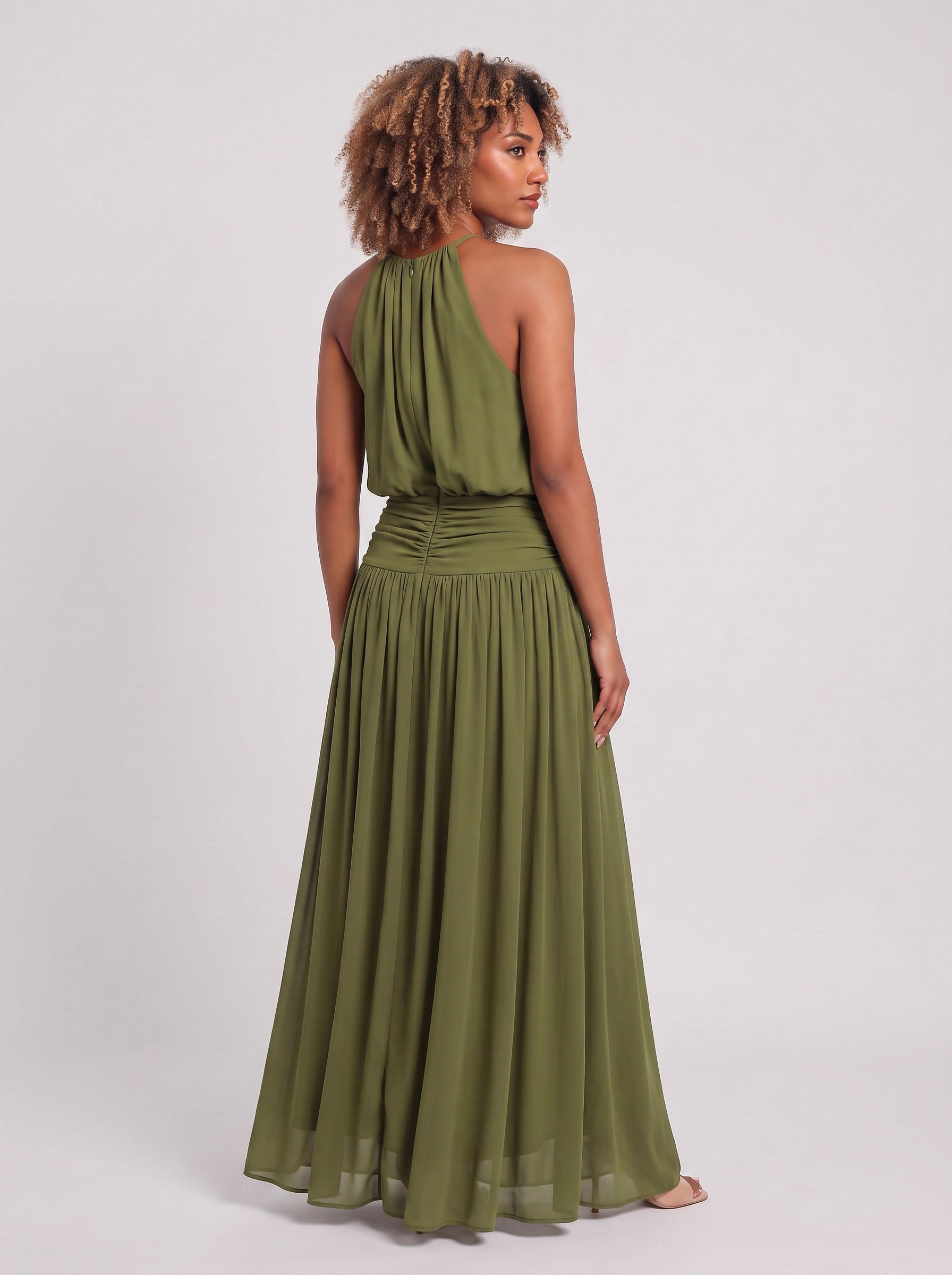 Drappeia Ruched Halter Maxi Dress – Women Summer Flowy Wedding Guest Bridesmaid Formal Evening Maxi Dress