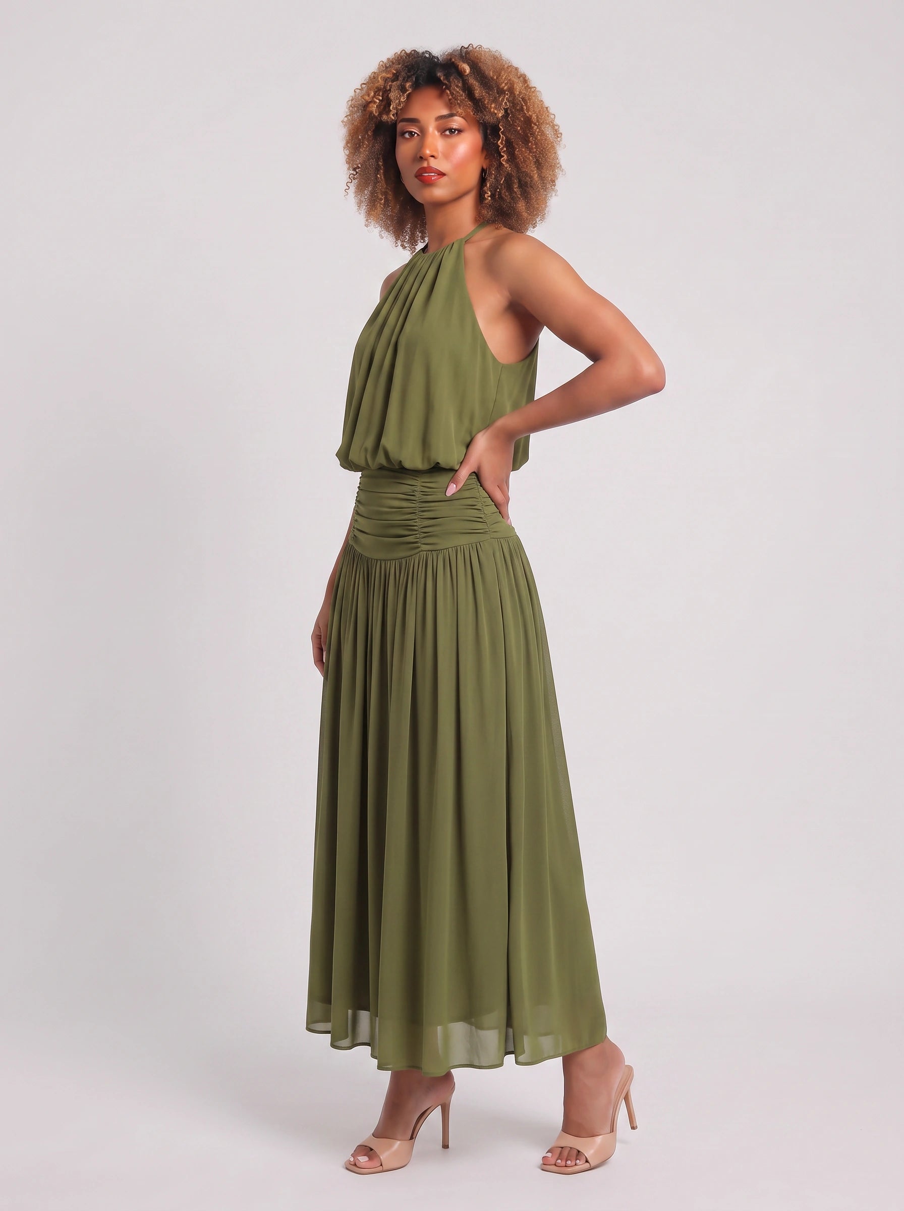 Drappeia Ruched Halter Maxi Dress – Women Summer Flowy Wedding Guest Bridesmaid Formal Evening Maxi Dress
