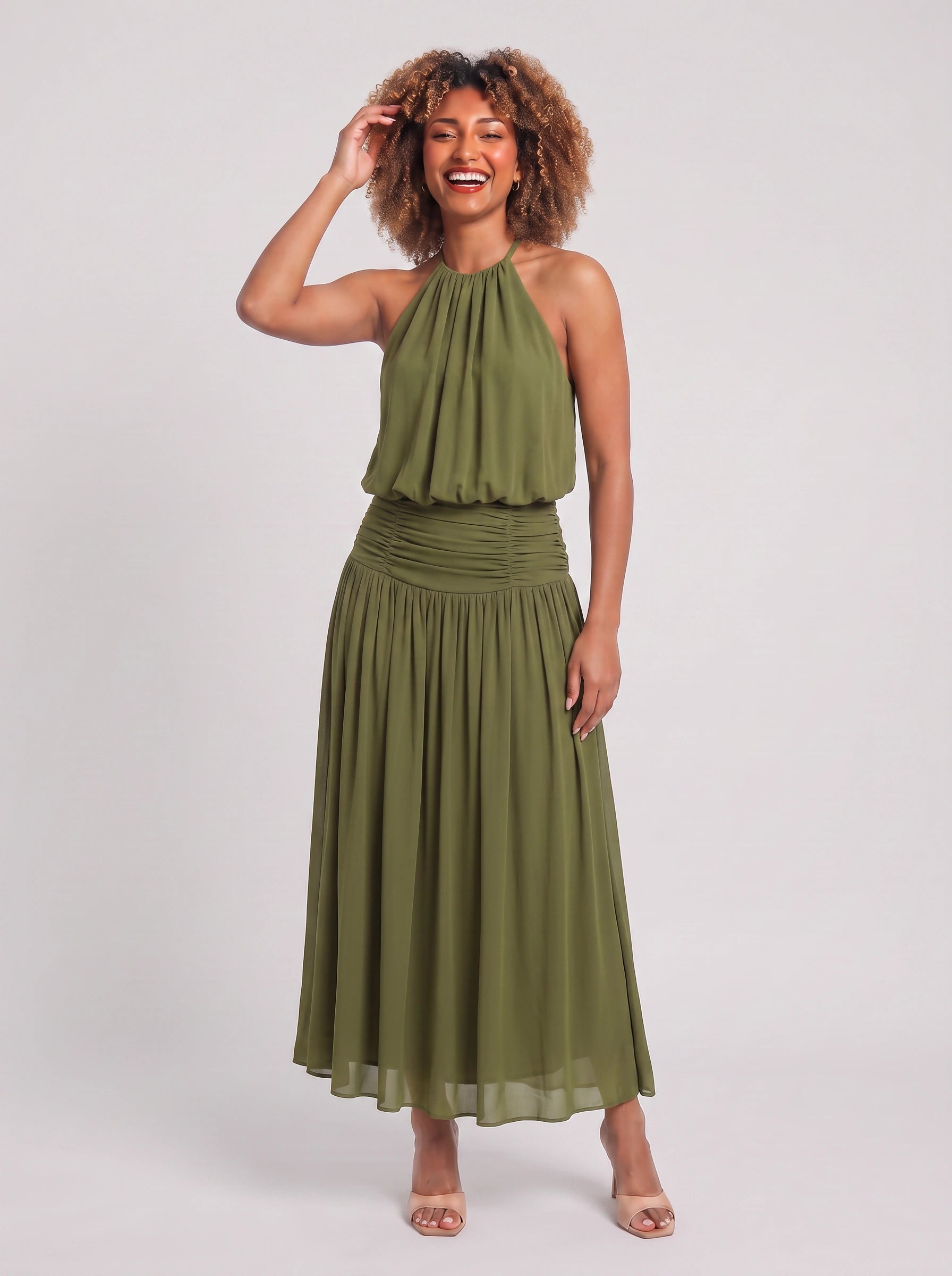 Drappeia Ruched Halter Maxi Dress – Women Summer Flowy Wedding Guest Bridesmaid Formal Evening Maxi Dress