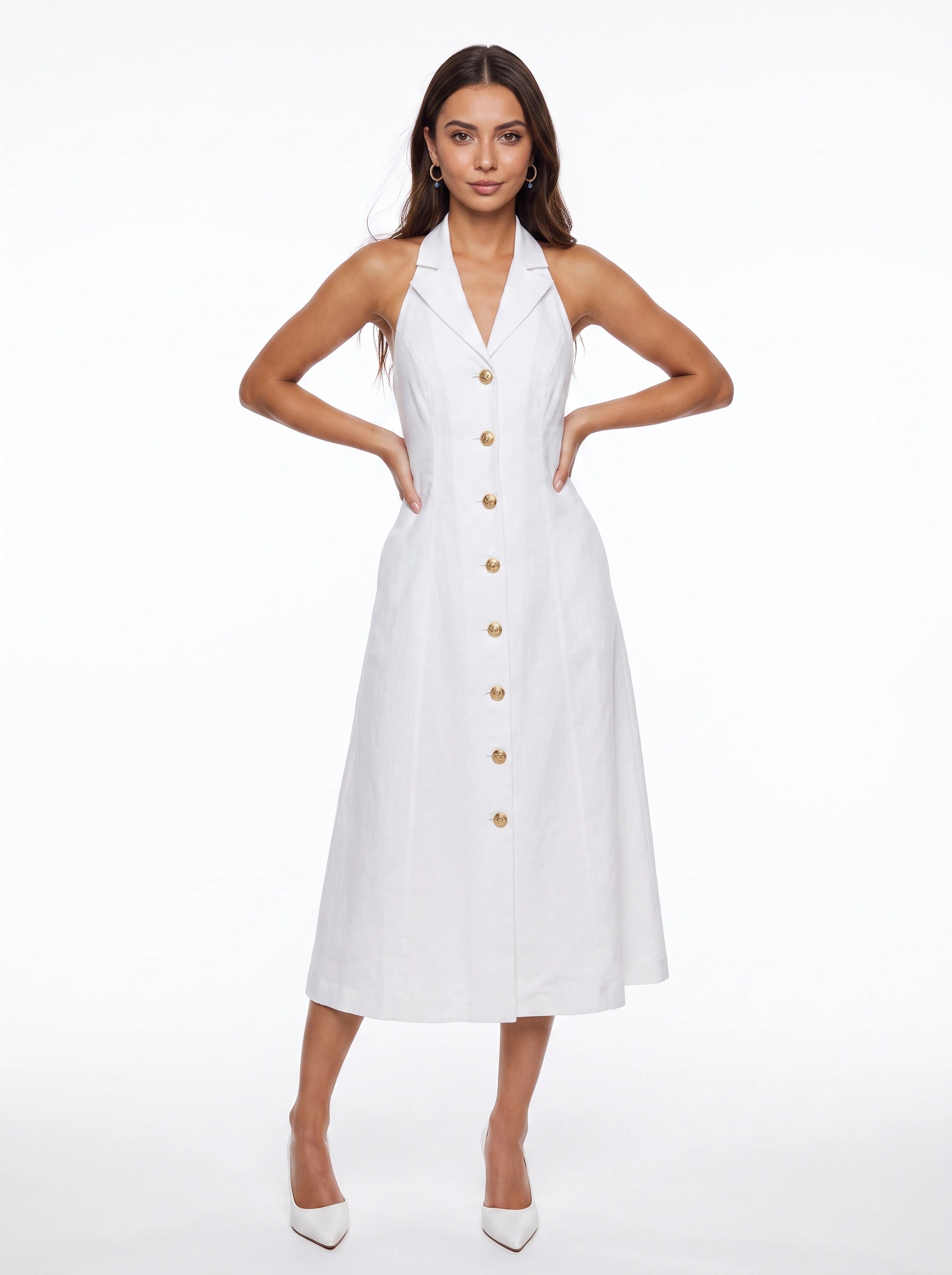 Risvolto Halter Blazer Midi Dress – Button Front Tailored Women Summer Cocktail Formal Business Casual Midi Dress