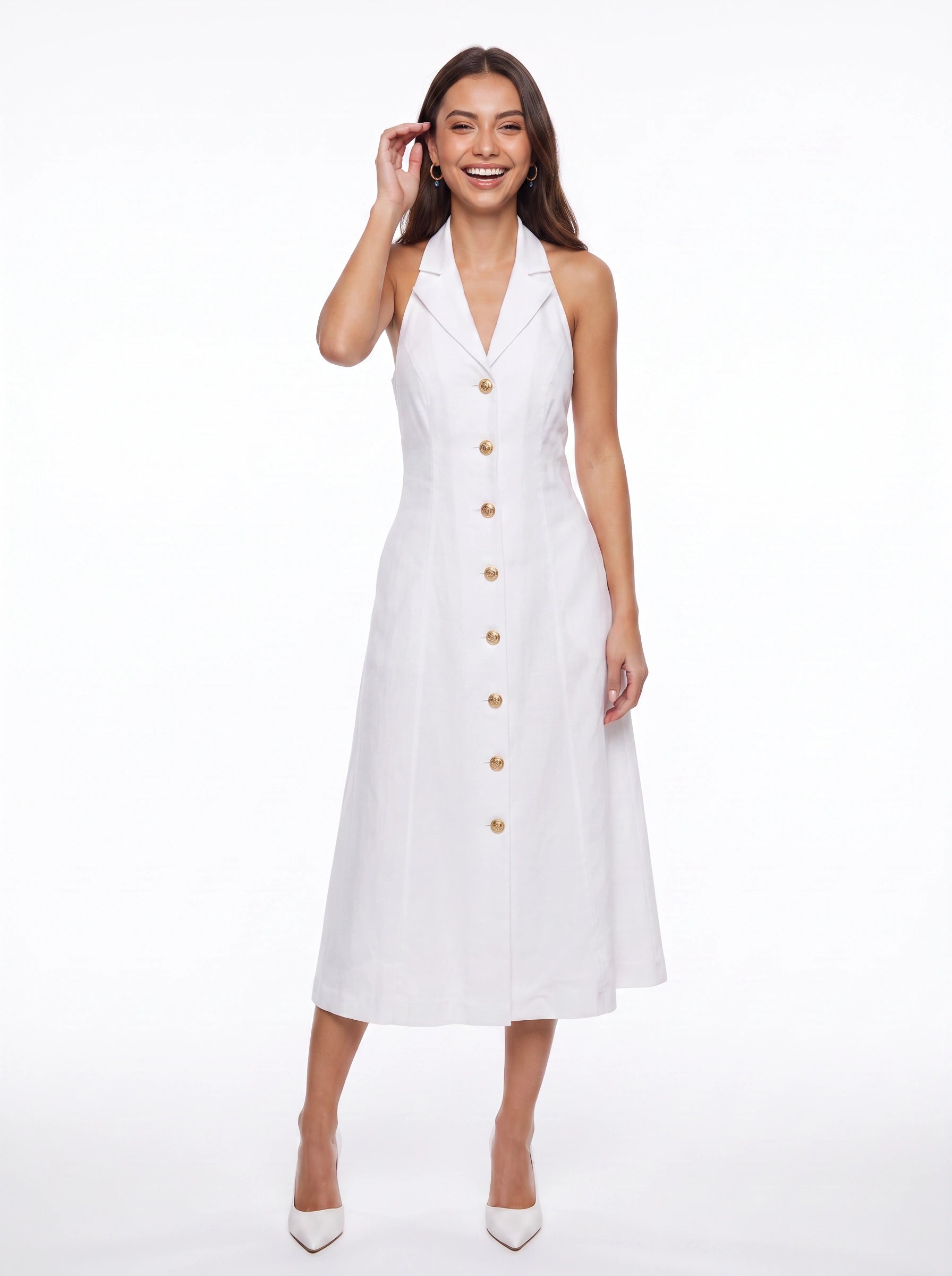 Risvolto Halter Blazer Midi Dress – Button Front Tailored Women Summer Cocktail Formal Business Casual Midi Dress