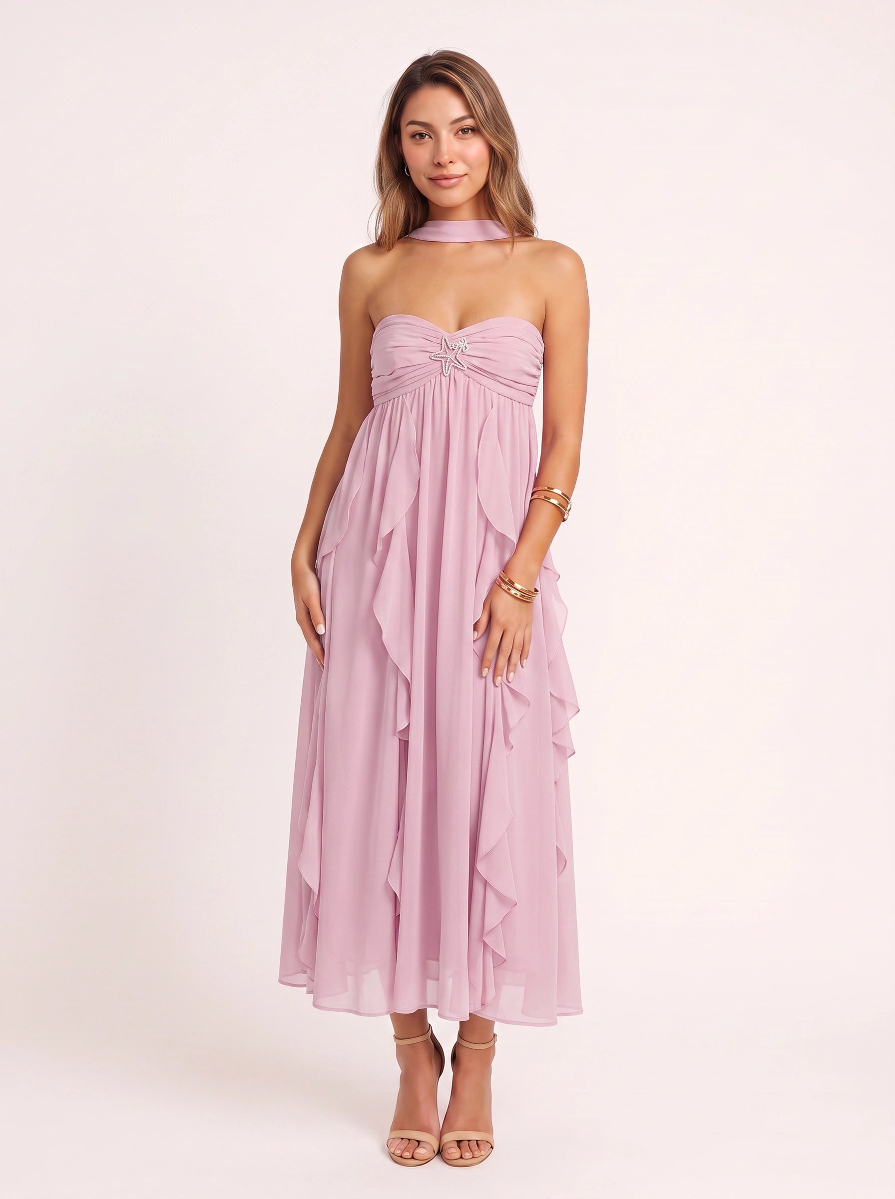 Ruffette Choker Neck Maxi Dress – Women Formal Cocktail Wedding Guest Summer Evening Maxi Dress