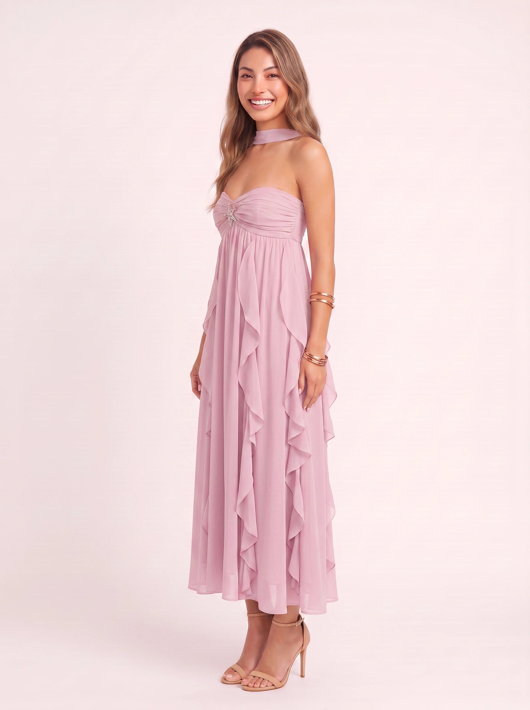 Ruffette Choker Neck Maxi Dress – Women Formal Cocktail Wedding Guest Summer Evening Maxi Dress