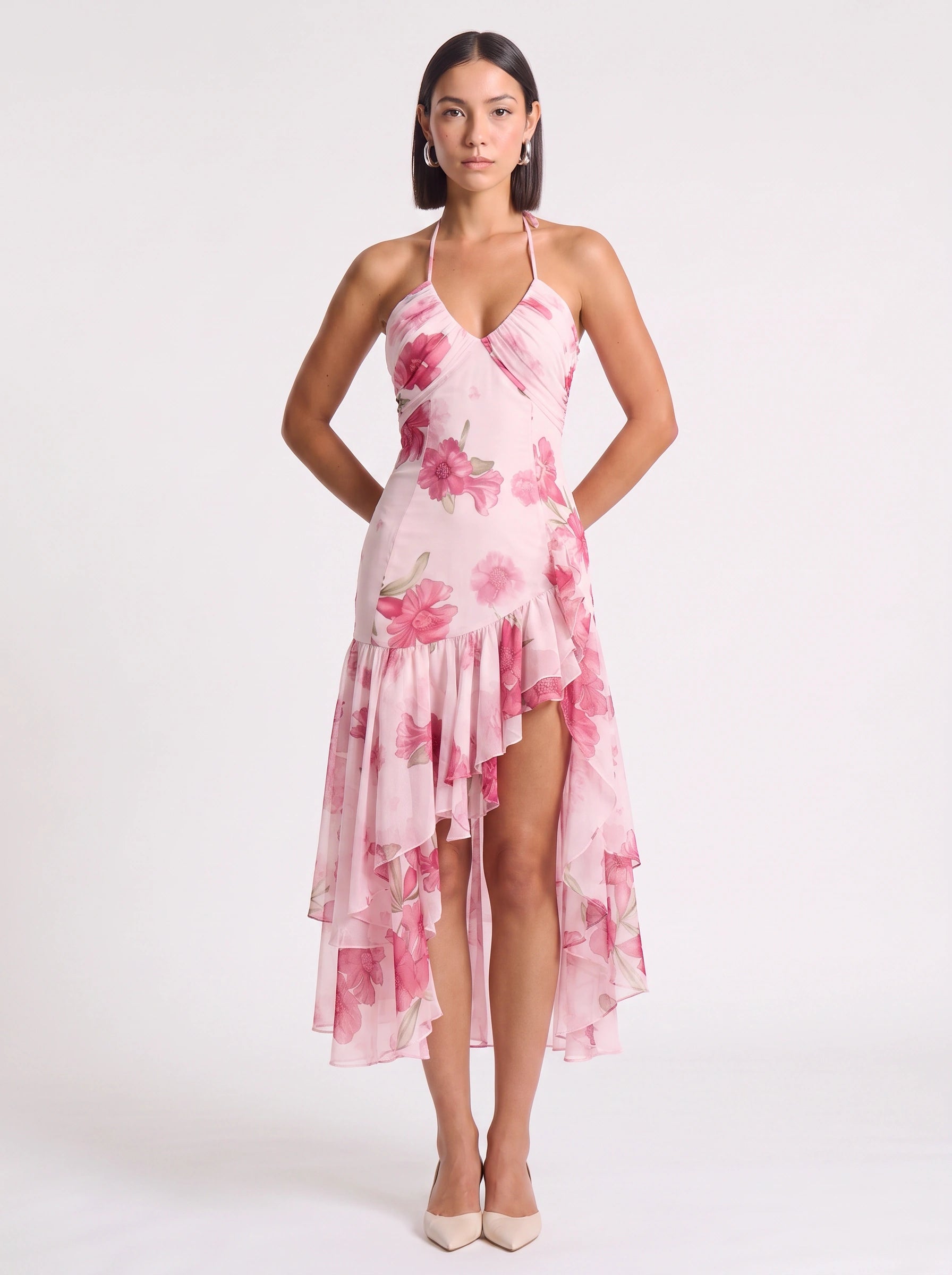 Florenza Ruffle High-Low Midi Dress – Floral Halter Neck Women Formal Wedding Guest Summer Cocktail Midi Dress