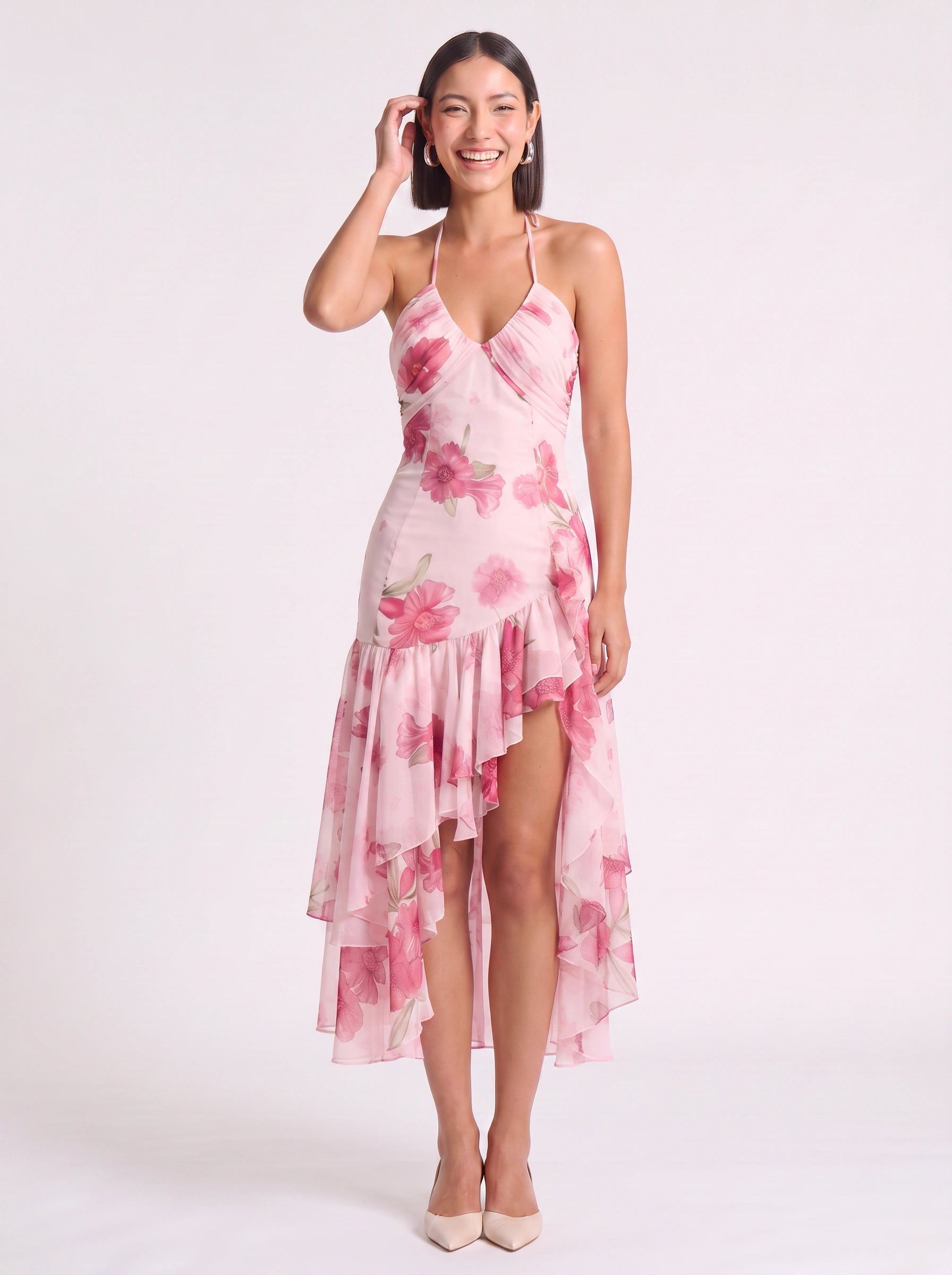 Florenza Ruffle High-Low Midi Dress – Floral Halter Neck Women Formal Wedding Guest Summer Cocktail Midi Dress