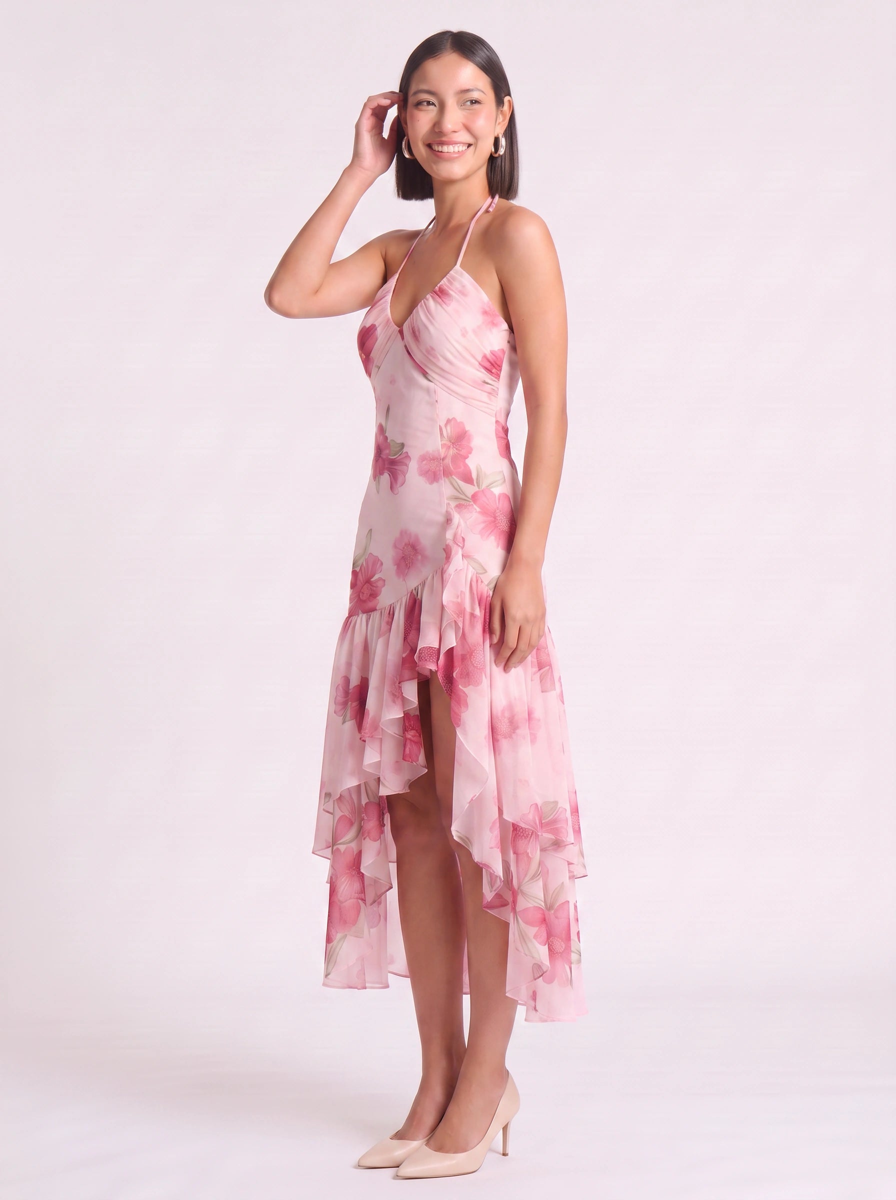Florenza Ruffle High-Low Midi Dress – Floral Halter Neck Women Formal Wedding Guest Summer Cocktail Midi Dress