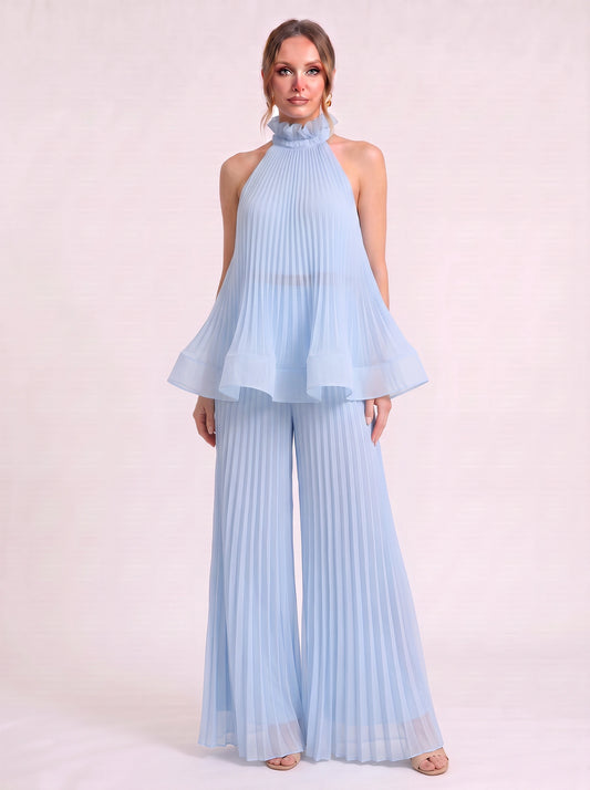 Plissare Pleated Halter Top Wide-Leg Trouser Co-Ord Set – Women Two Piece Sets Formal Wedding Guest Summer Evening Loungewear