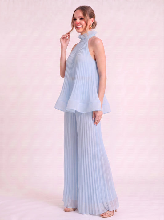 Plissare Pleated Halter Top Wide-Leg Trouser Co-Ord Set – Women Two Piece Sets Formal Wedding Guest Summer Evening Loungewear