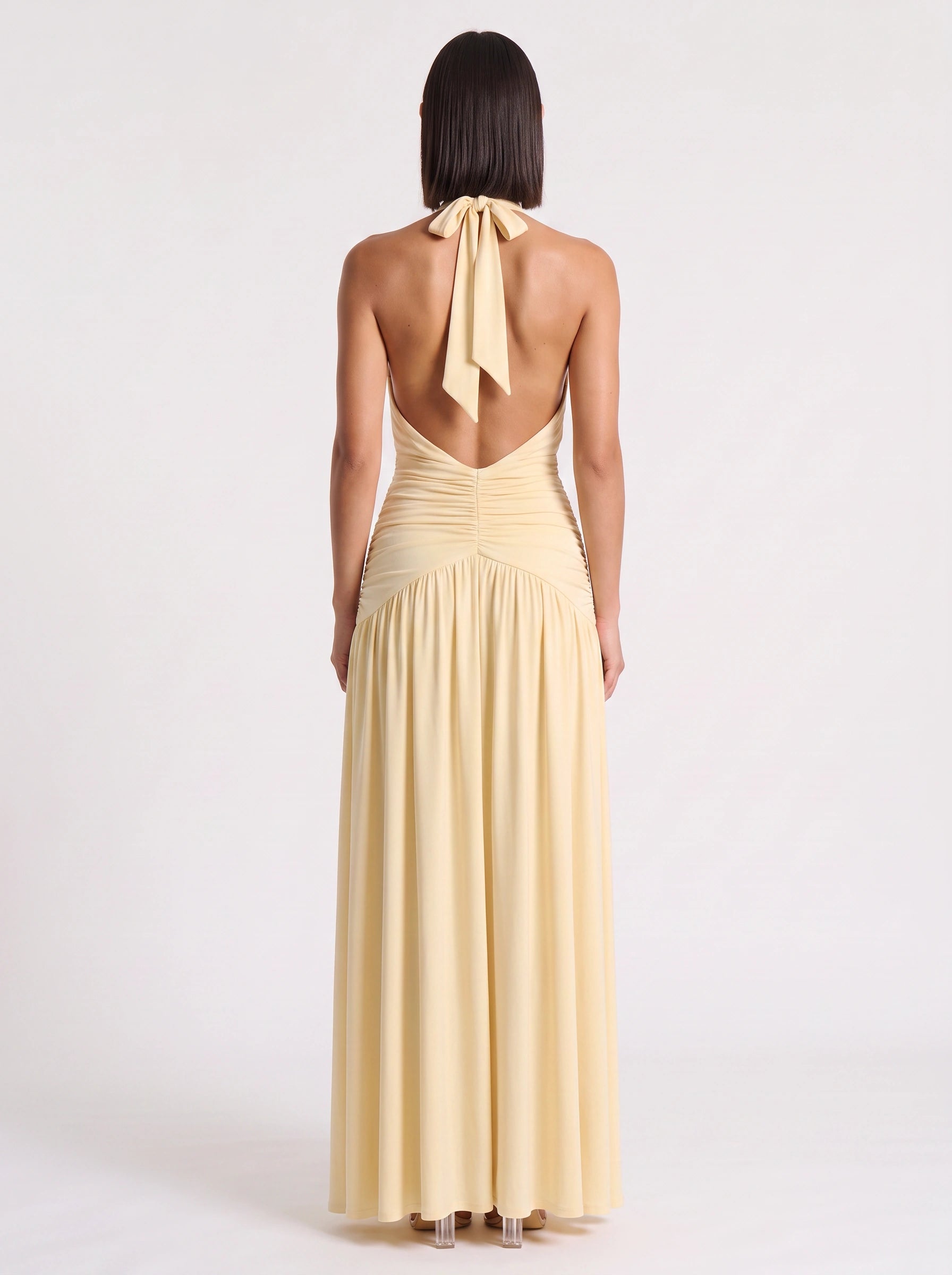 Rucha Ruched Halter Maxi Dress – Plunge Neck Slit Women Formal Wedding Guest Evening Party Long Halter Dress